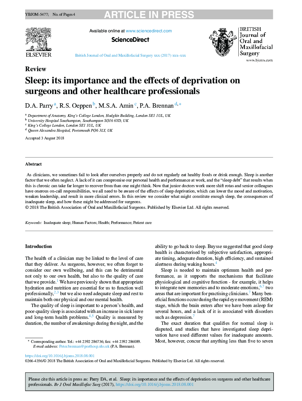 Sleep: its importance and the effects of deprivation on surgeons and other healthcare professionals