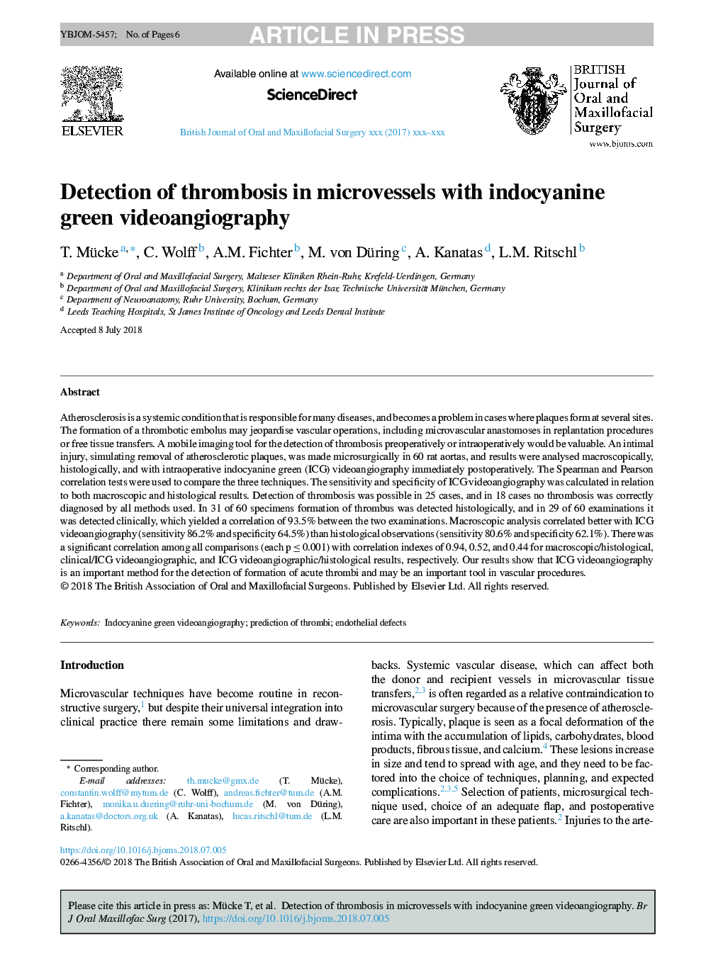 Detection of thrombosis in microvessels with indocyanine green videoangiography