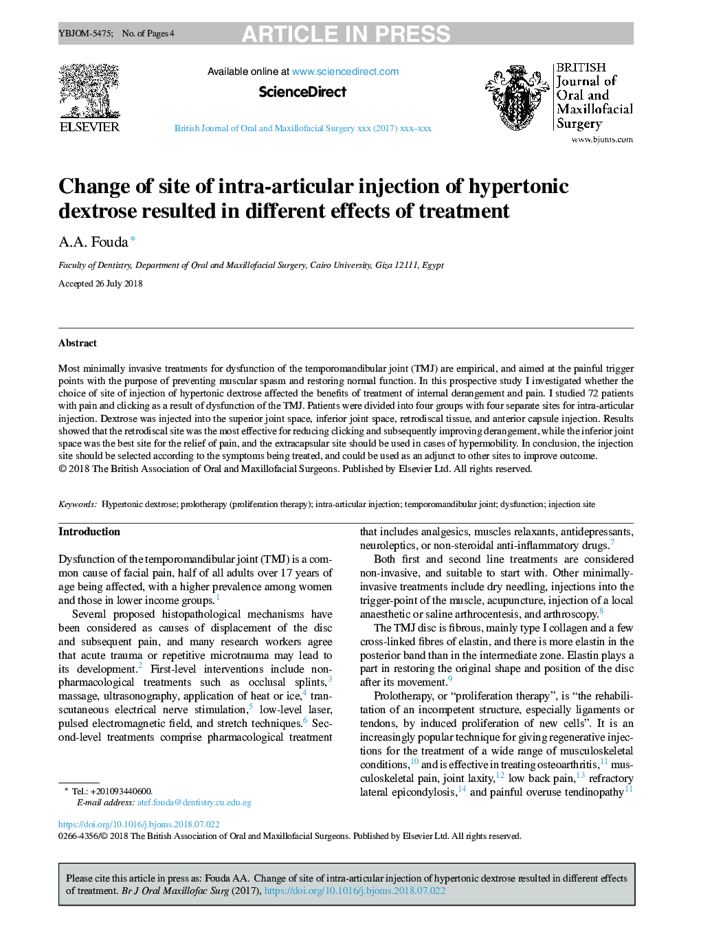تغییر محل تزریق داخل مفصلی دکستروز هیپرتونیک منجر به اثرات مختلف درمان شد