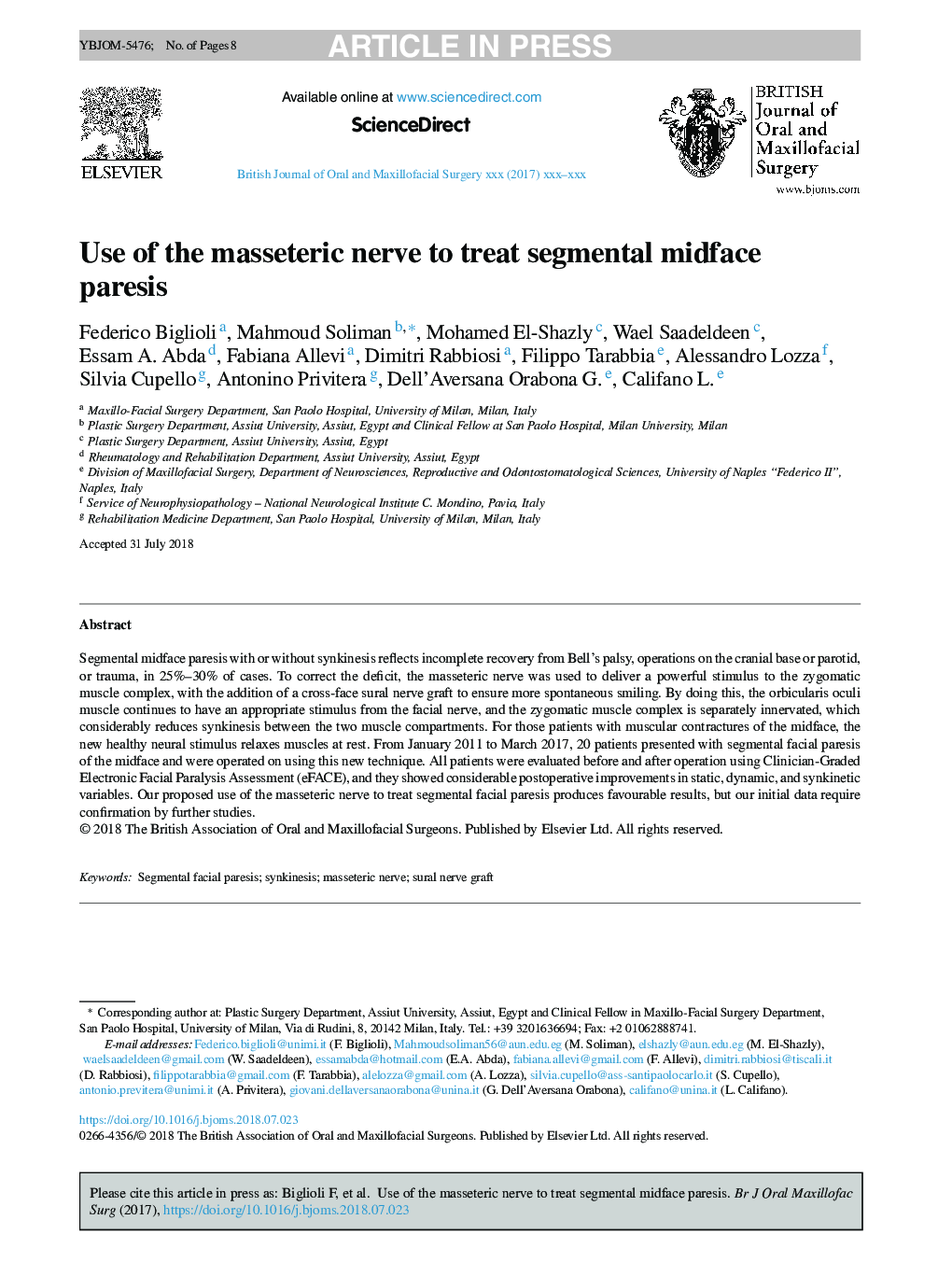 Use of the masseteric nerve to treat segmental midface paresis