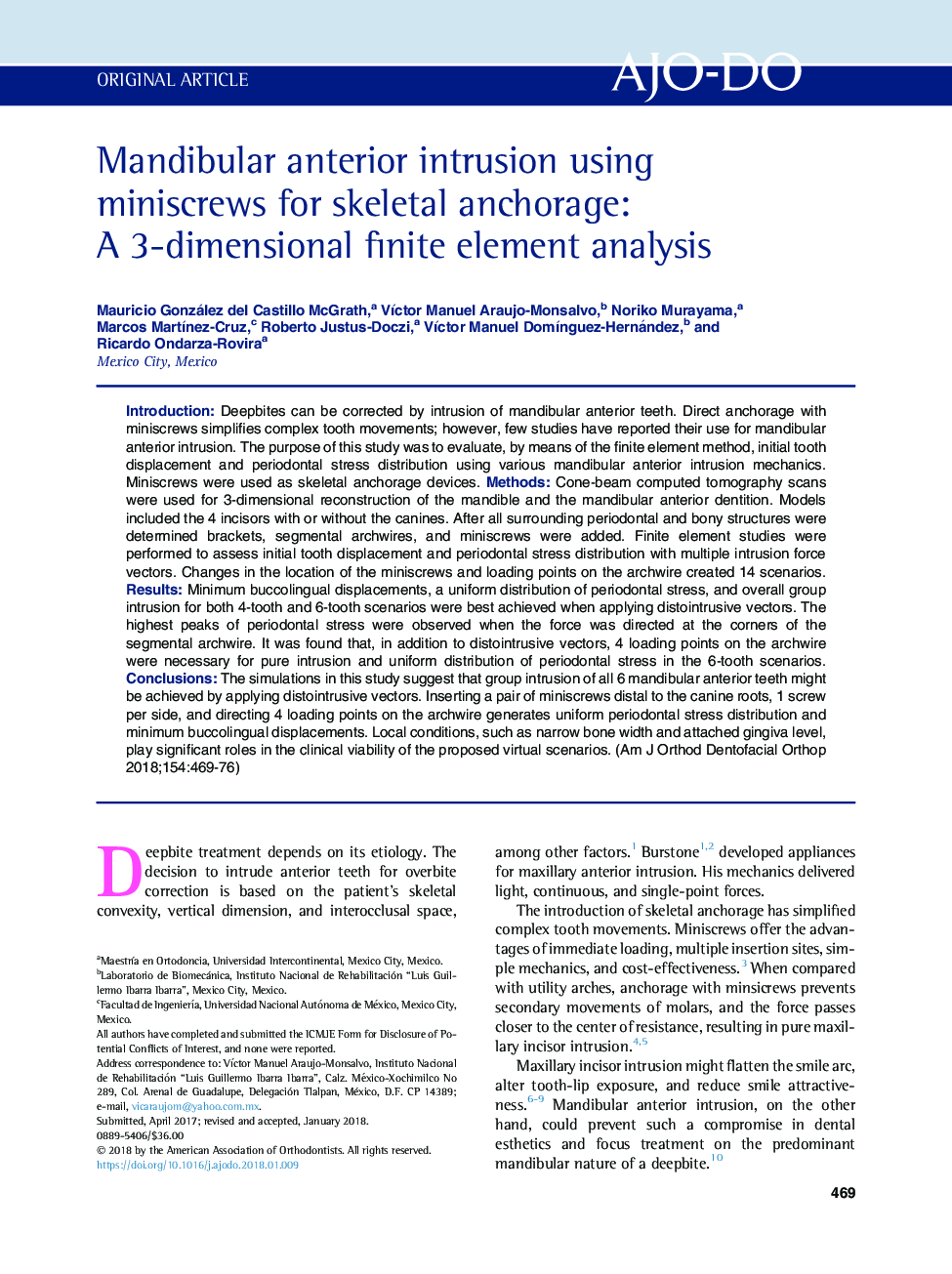 Mandibular anterior intrusion using miniscrews for skeletal anchorage: A 3-dimensional finite element analysis