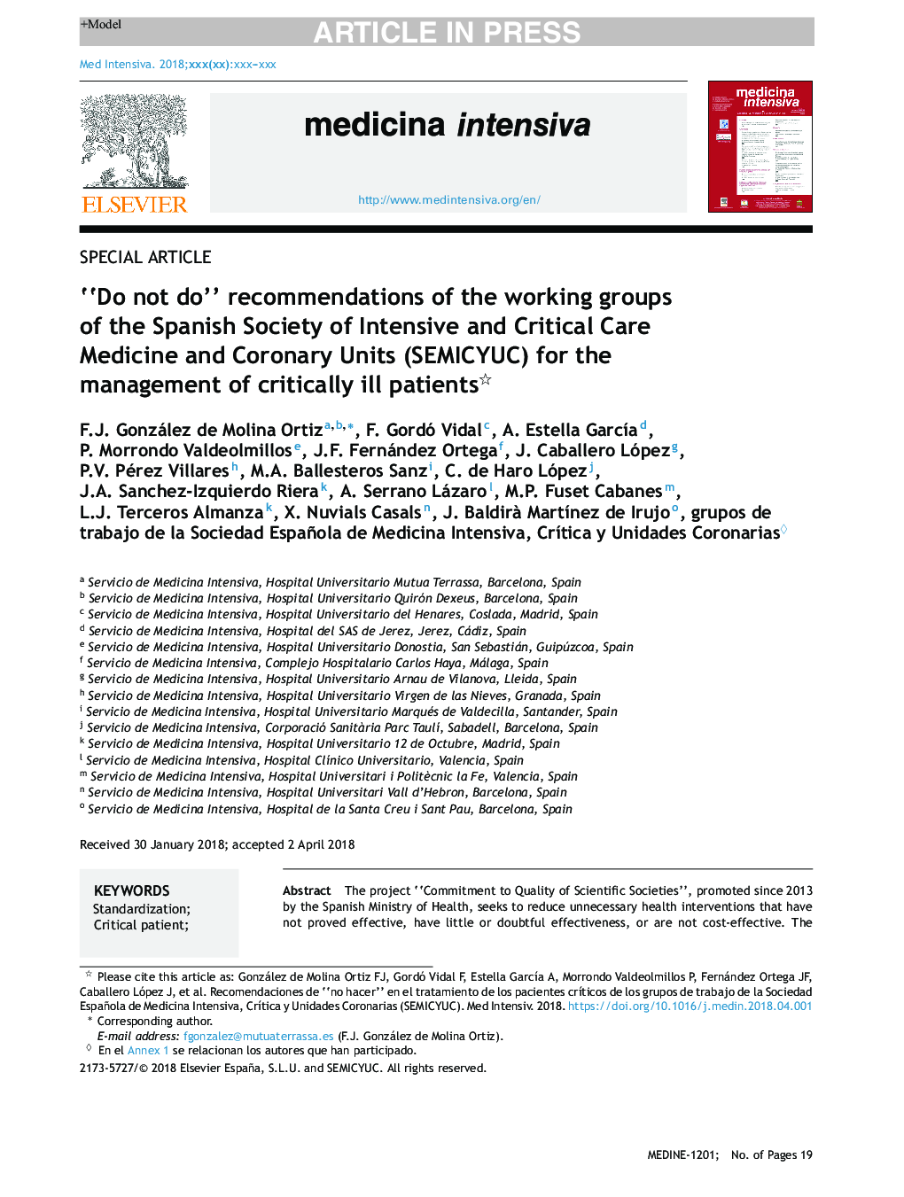 “Do not do” recommendations of the working groups of the Spanish Society of Intensive and Critical Care Medicine and Coronary Units (SEMICYUC) for the management of critically ill patients