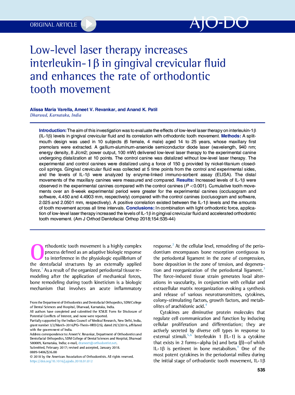 Low-level laser therapy increases interleukin-1Î² in gingival crevicular fluid and enhances the rate of orthodontic tooth movement
