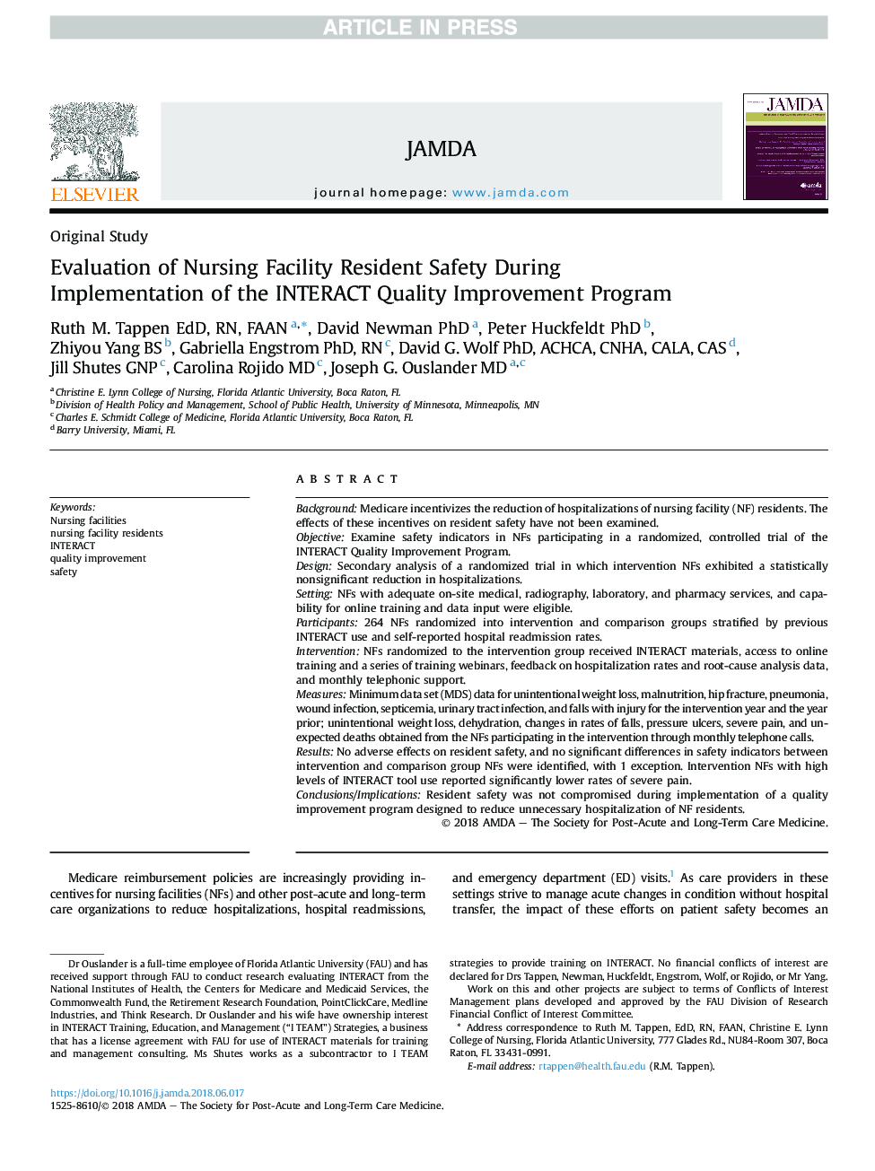 عکس صفحه اول مقاله: Evaluation of Nursing Facility Resident Safety During Implementation of the INTERACT Quality Improvement Program Evaluation of Nursing Facility Resident Safety During Implementation of the INTERACT Quality Improvement Program