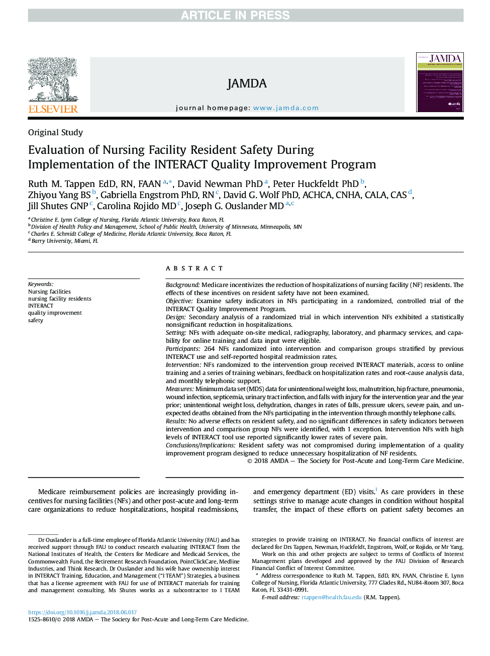 Evaluation of Nursing Facility Resident Safety During Implementation of the INTERACT Quality Improvement Program