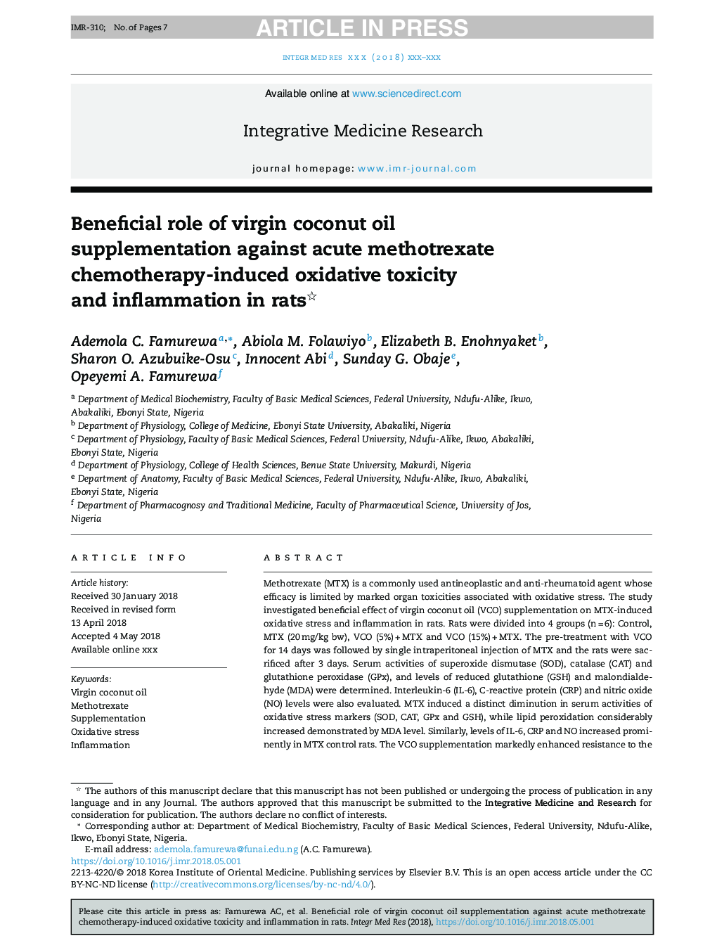 Beneficial role of virgin coconut oil supplementation against acute methotrexate chemotherapy-induced oxidative toxicity and inflammation in rats