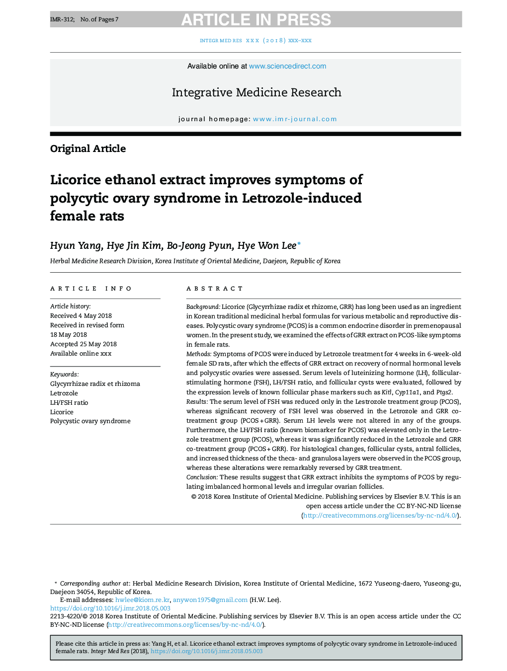 Licorice ethanol extract improves symptoms of polycytic ovary syndrome in Letrozole-induced female rats