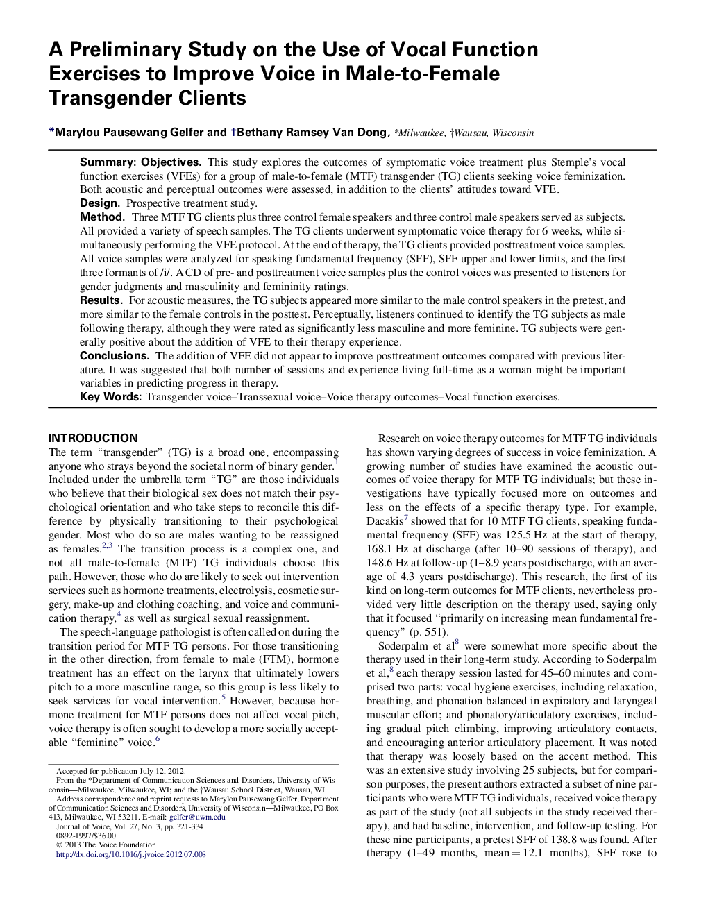 A Preliminary Study on the Use of Vocal Function Exercises to Improve Voice in Male-to-Female Transgender Clients