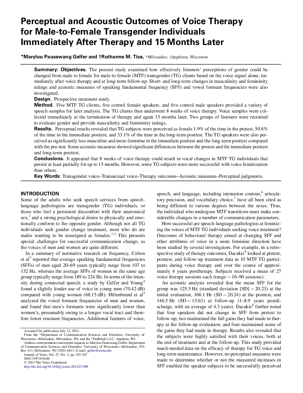 Perceptual and Acoustic Outcomes of Voice Therapy for Male-to-Female Transgender Individuals Immediately After Therapy and 15 Months Later