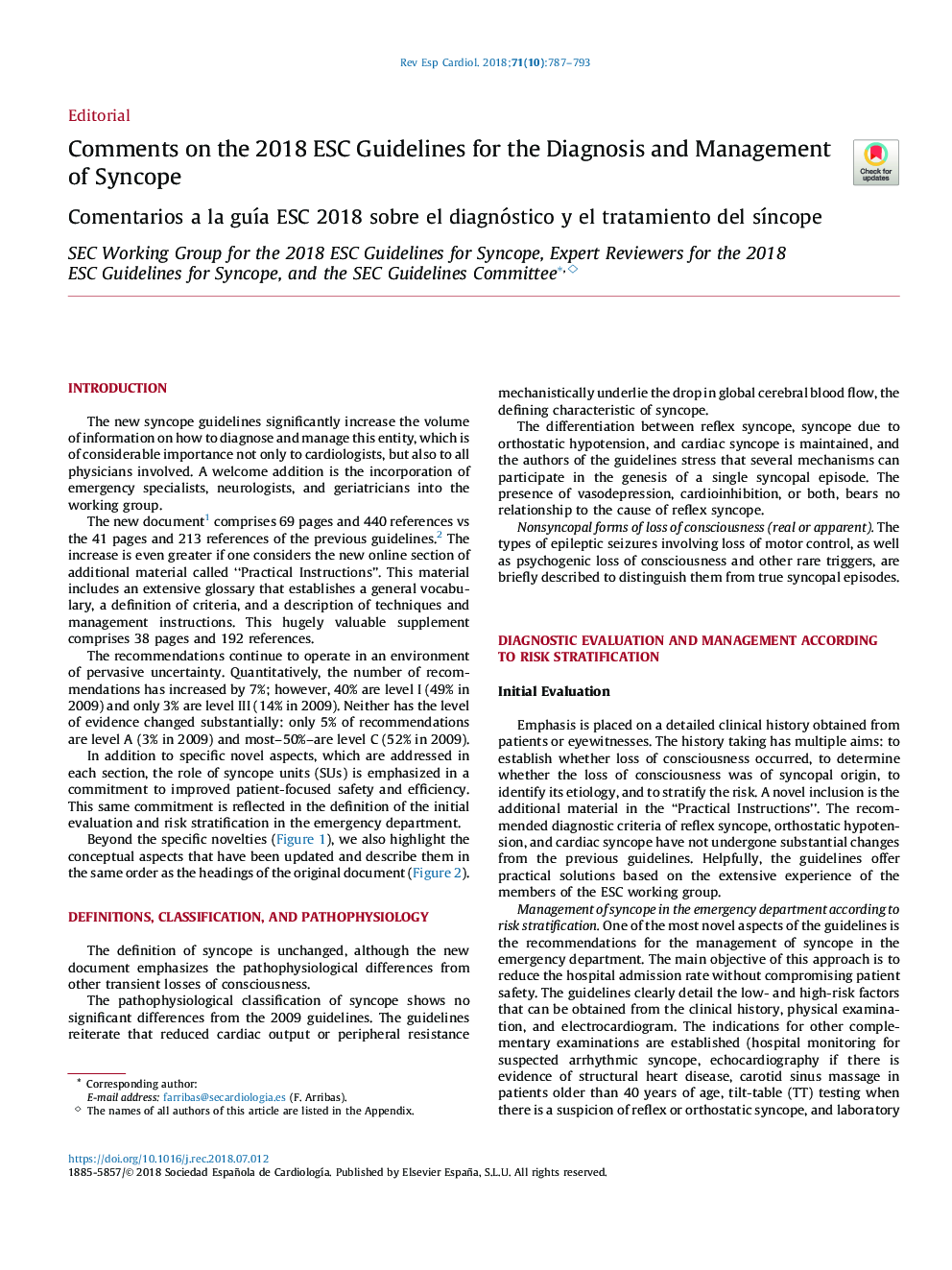 Comments on the 2018 ESC Guidelines for the Diagnosis and Management of Syncope