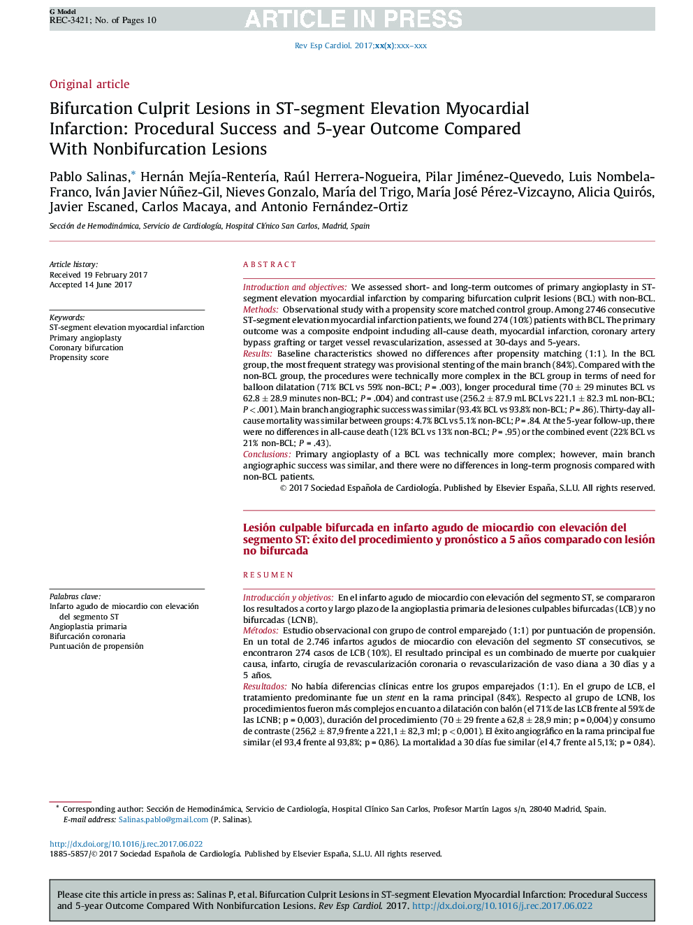 Bifurcation Culprit Lesions in ST-segment Elevation Myocardial Infarction: Procedural Success and 5-year Outcome Compared With Nonbifurcation Lesions