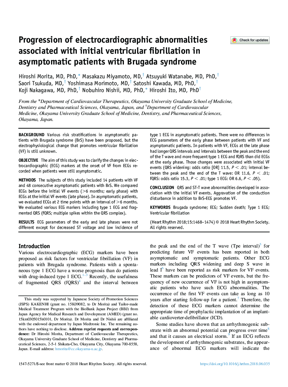 Progression of electrocardiographic abnormalities associated with initial ventricular fibrillation in asymptomatic patients with Brugada syndrome