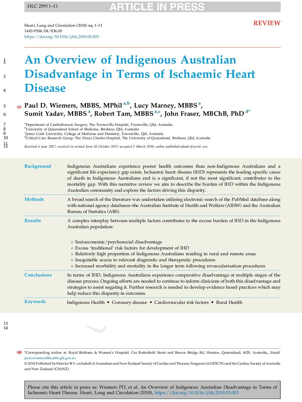 An Overview of Indigenous Australian Disadvantage in Terms of Ischaemic Heart Disease