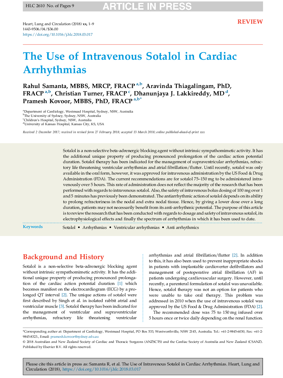 The Use of Intravenous Sotalol in Cardiac Arrhythmias