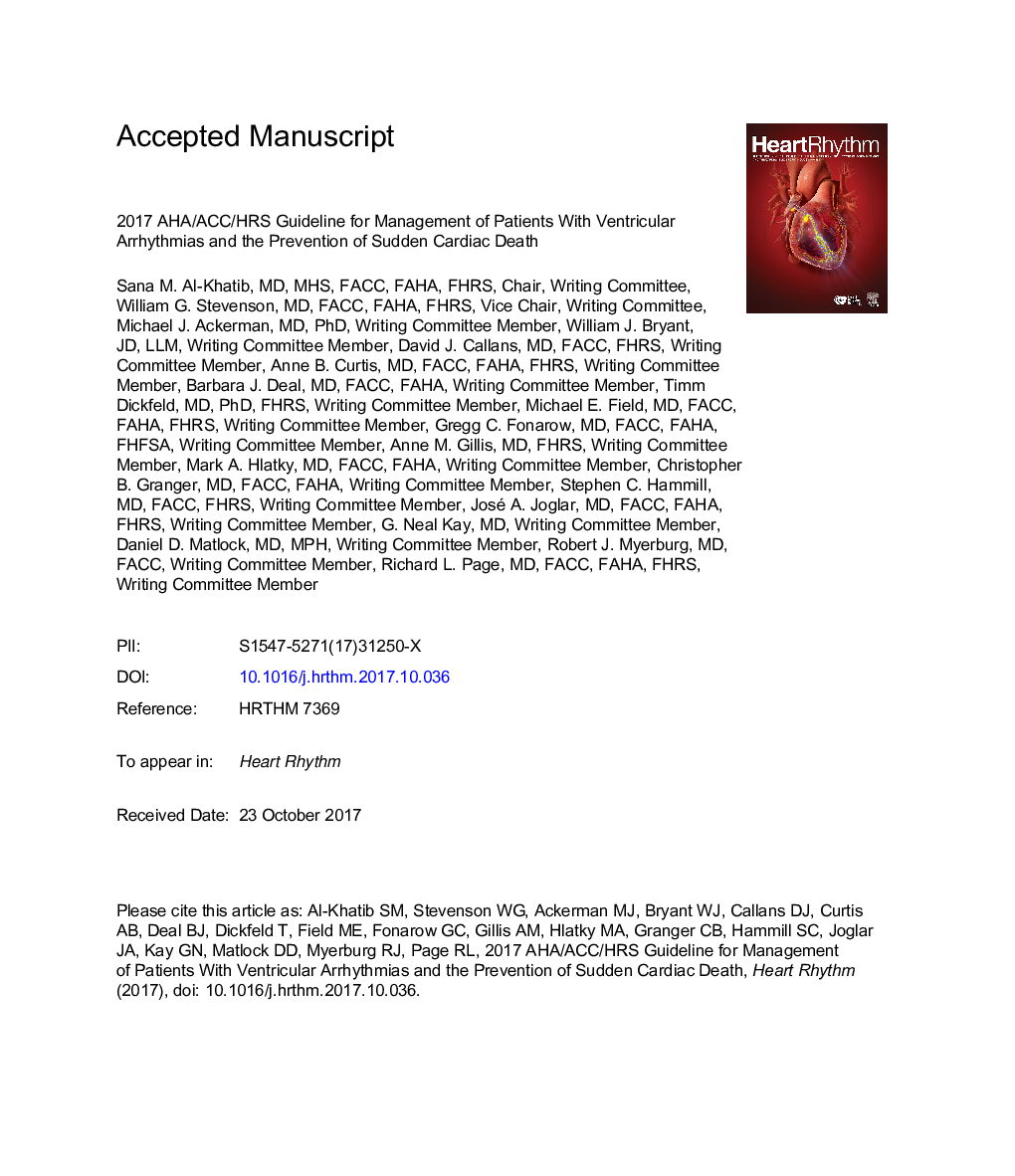 2017 AHA/ACC/HRS guideline for management of patients with ventricular arrhythmias and the prevention of sudden cardiac death