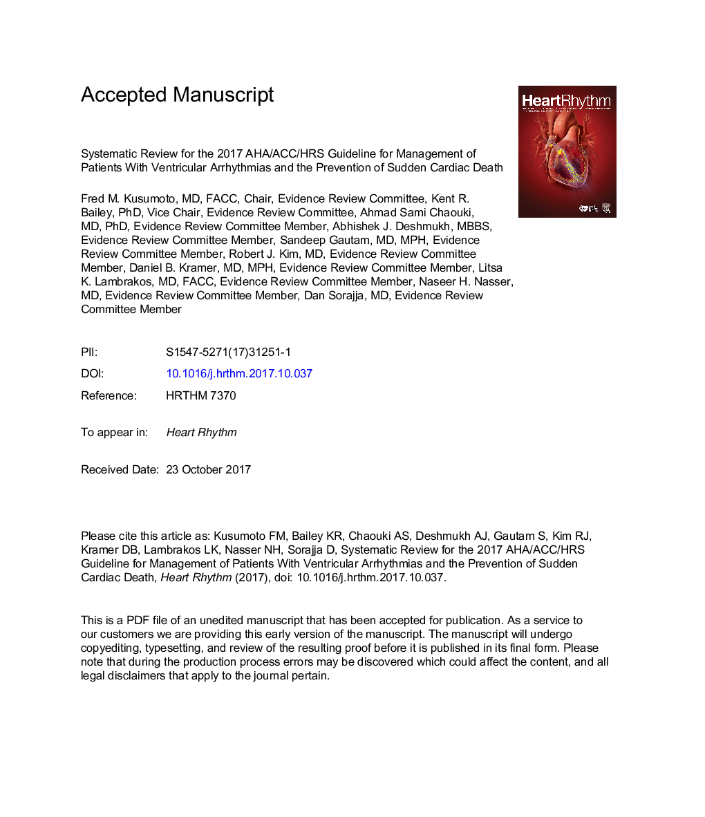 Systematic review for the 2017Â AHA/ACC/HRS guideline for management of patients with ventricularÂ arrhythmias and the prevention of sudden cardiac death