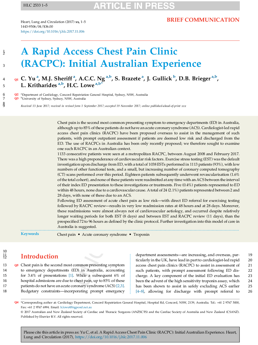A Rapid Access Chest Pain Clinic (RACPC): Initial Australian Experience