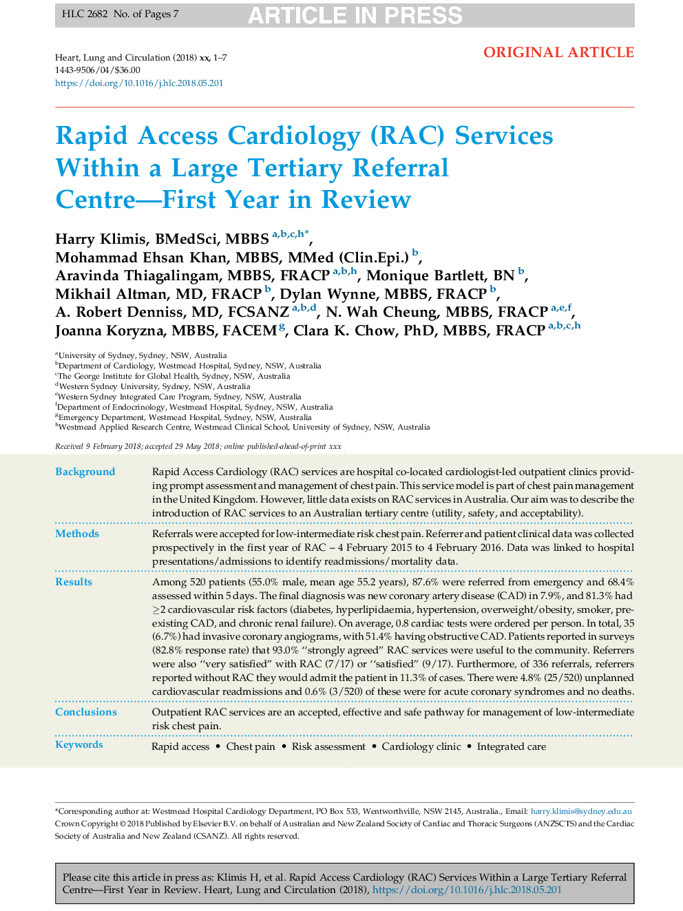 Rapid Access Cardiology (RAC) Services Within a Large Tertiary Referral Centre-First Year in Review