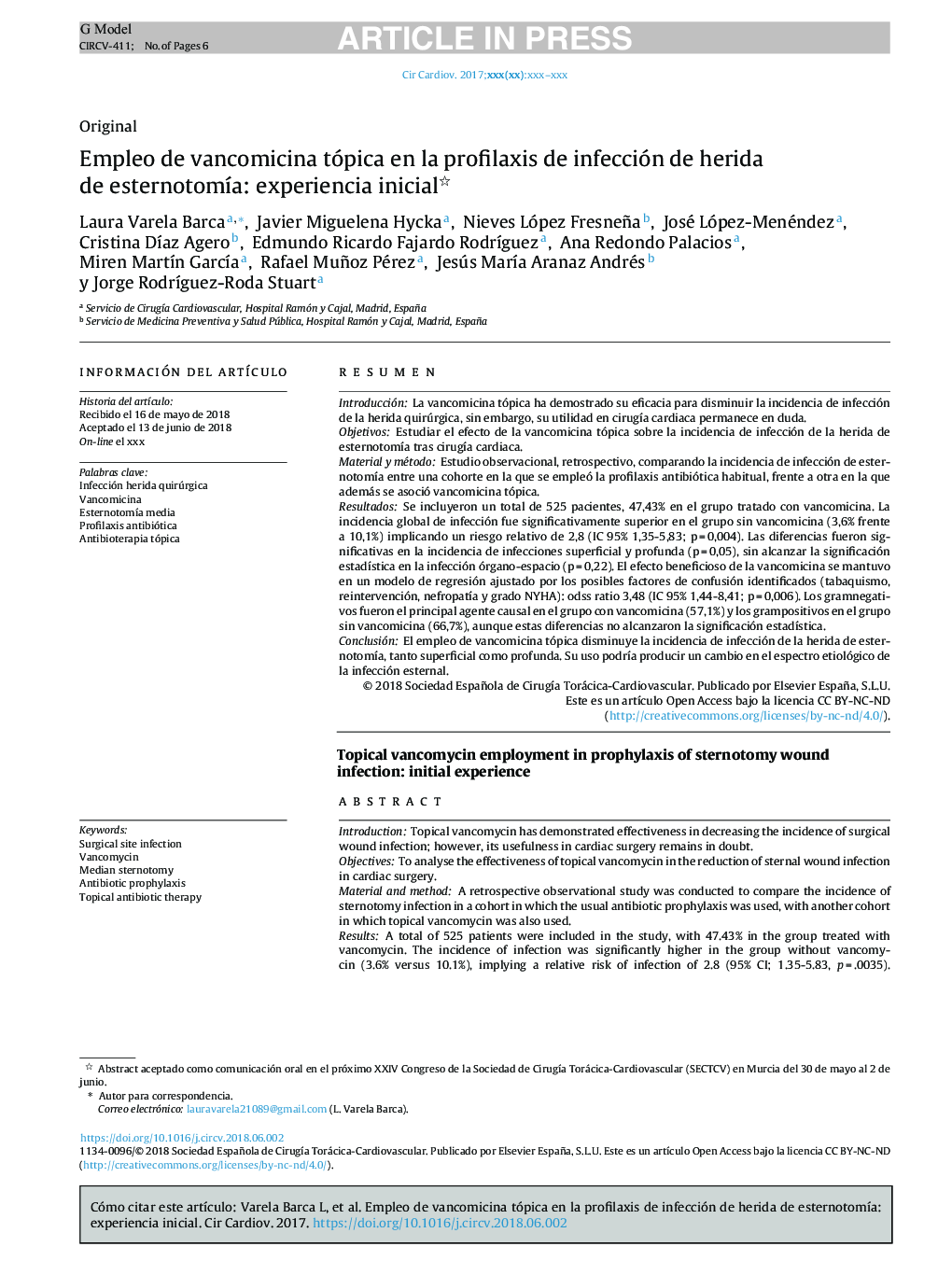 عکس صفحه اول مقاله: Empleo de vancomicina tópica en la profilaxis de infección de herida de esternotomÃa: experiencia inicial Empleo de vancomicina tópica en la profilaxis de infección de herida de esternotomÃa: experiencia inicial