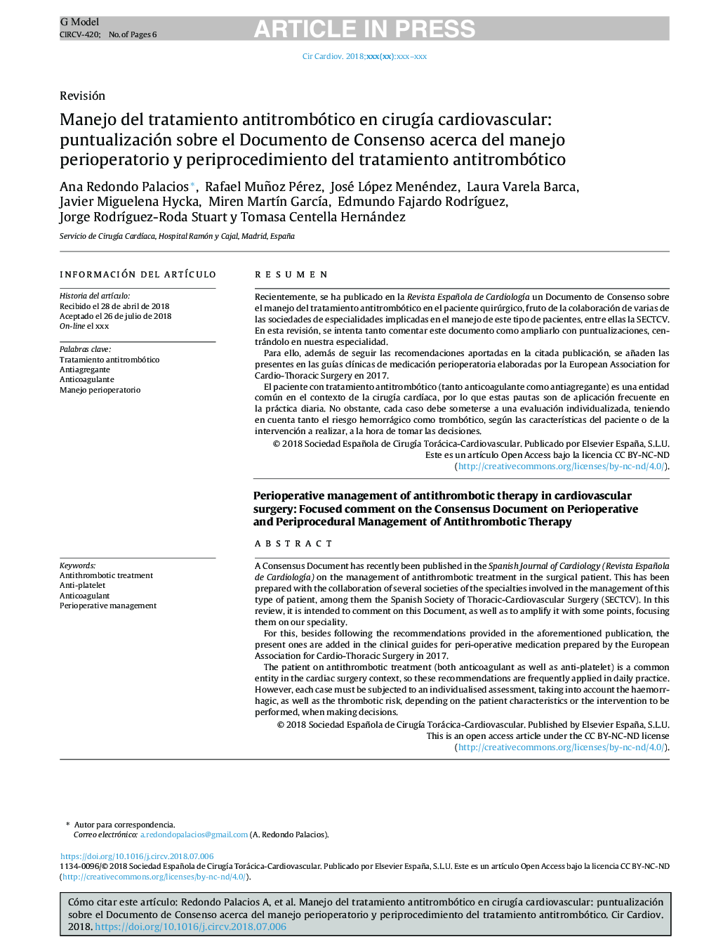 Manejo del tratamiento antitrombótico en cirugÃ­a cardiovascular: puntualización sobre el Documento de Consenso acerca del manejo perioperatorio y periprocedimiento del tratamiento antitrombótico