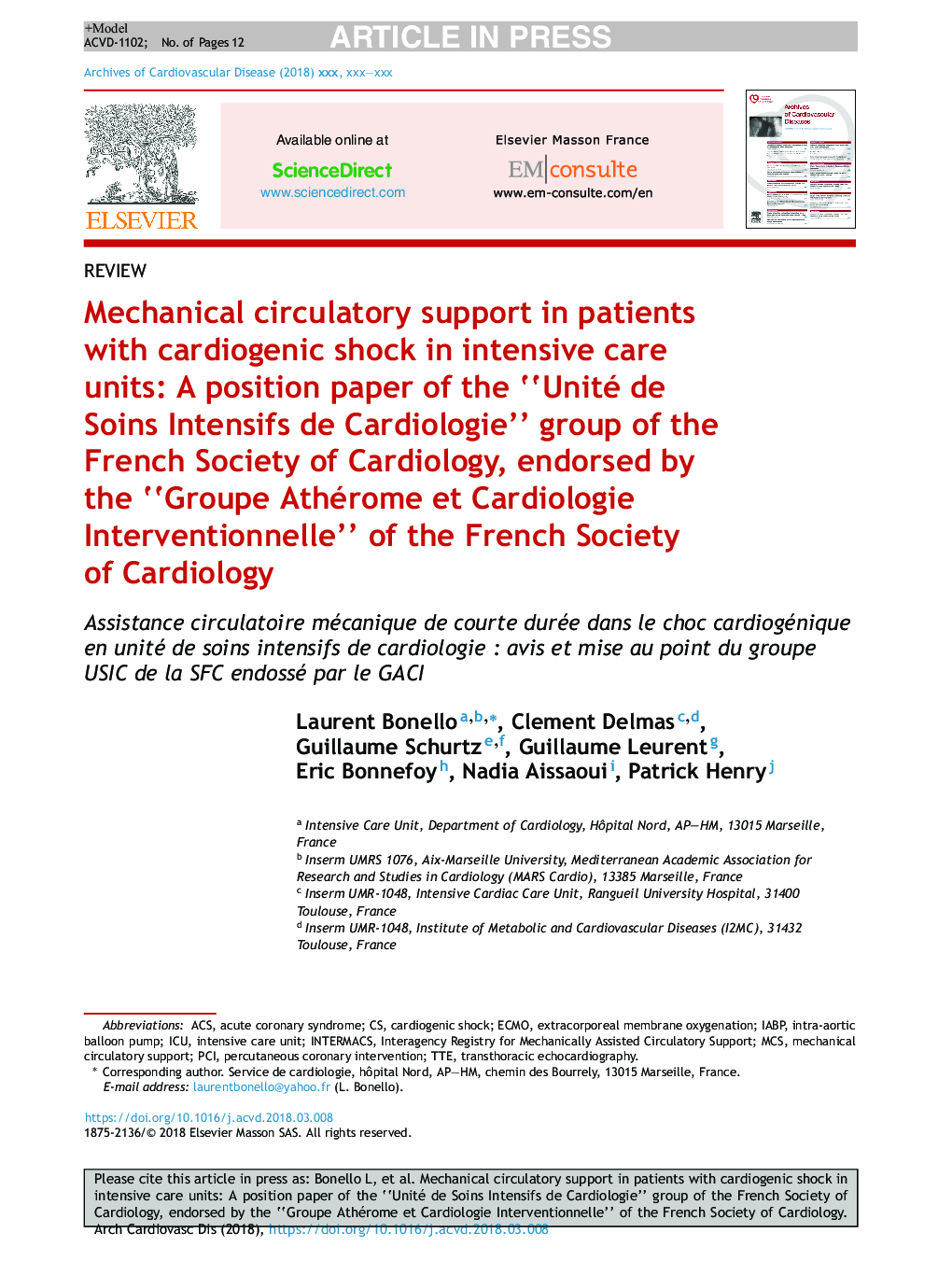 Mechanical circulatory support in patients with cardiogenic shock in intensive care units: A position paper of the “Unité de Soins Intensifs de Cardiologie” group of the French Society of Cardiology, endorsed by the “Groupe Athérome et Cardiologie Interve