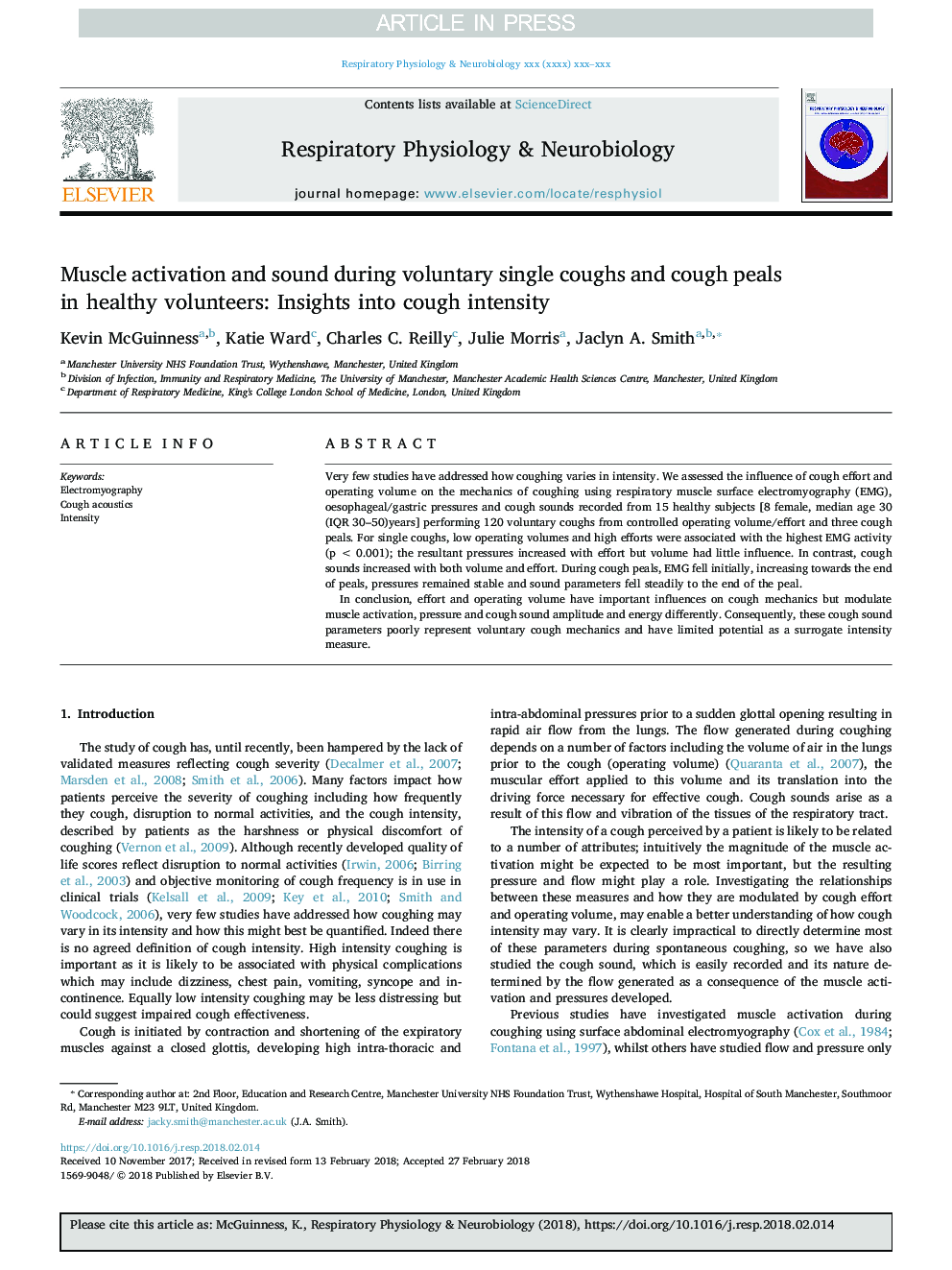 Muscle activation and sound during voluntary single coughs and cough peals in healthy volunteers: Insights into cough intensity