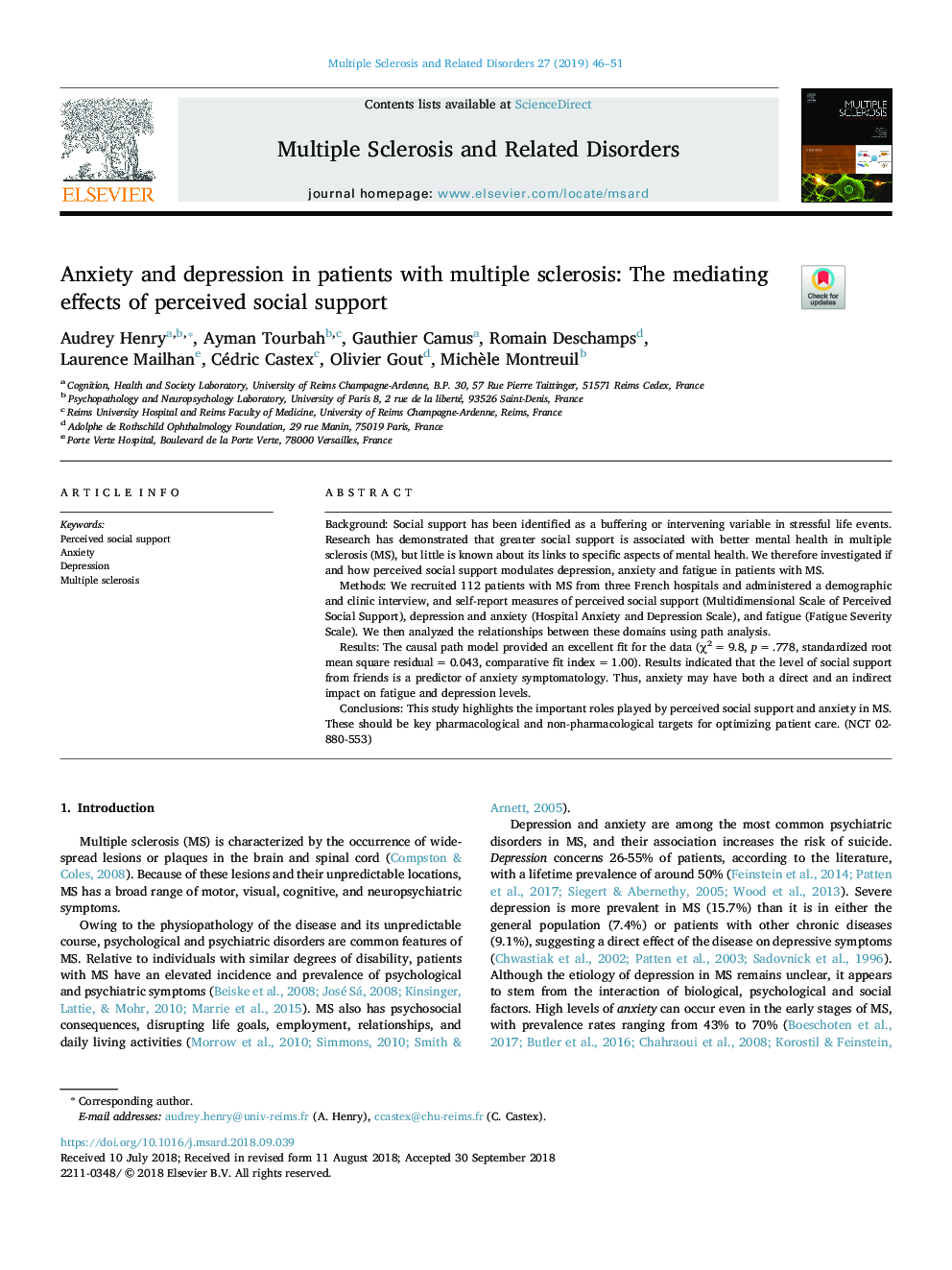 Anxiety and depression in patients with multiple sclerosis: The mediating effects of perceived social support