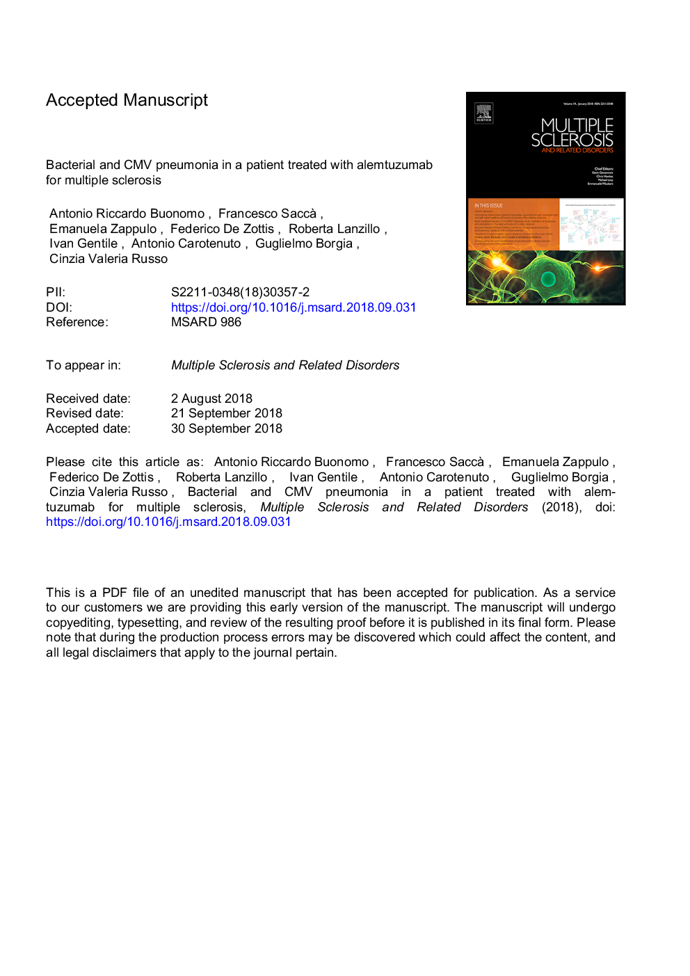 عکس صفحه اول مقاله: Bacterial and CMV pneumonia in a patient treated with alemtuzumab for multiple sclerosis Bacterial and CMV pneumonia in a patient treated with alemtuzumab for multiple sclerosis