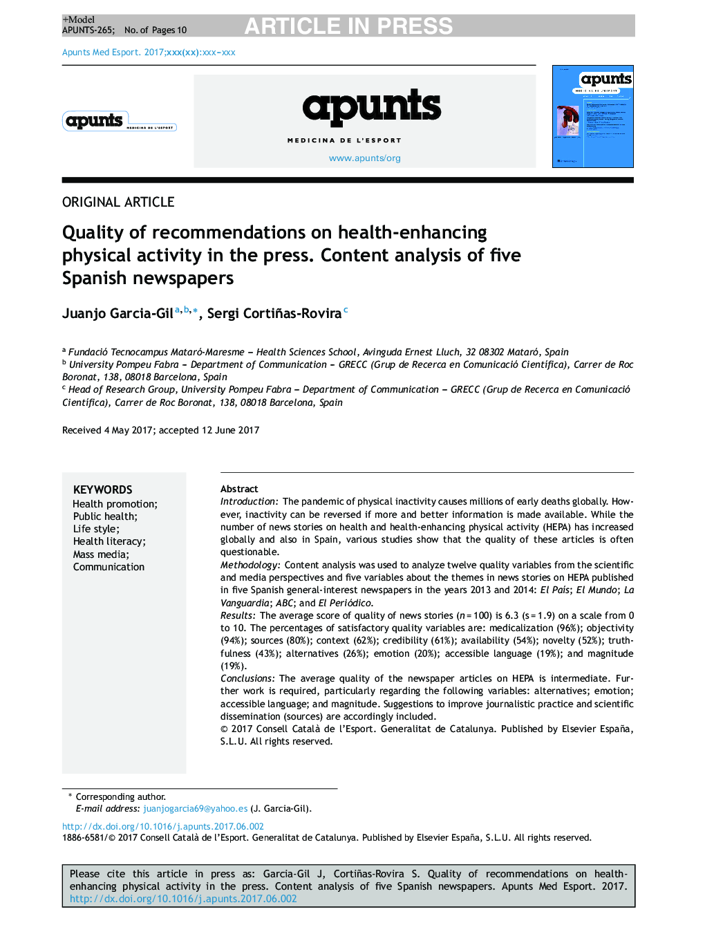 Quality of recommendations on health-enhancing physical activity in the press. Content analysis of five Spanish newspapers