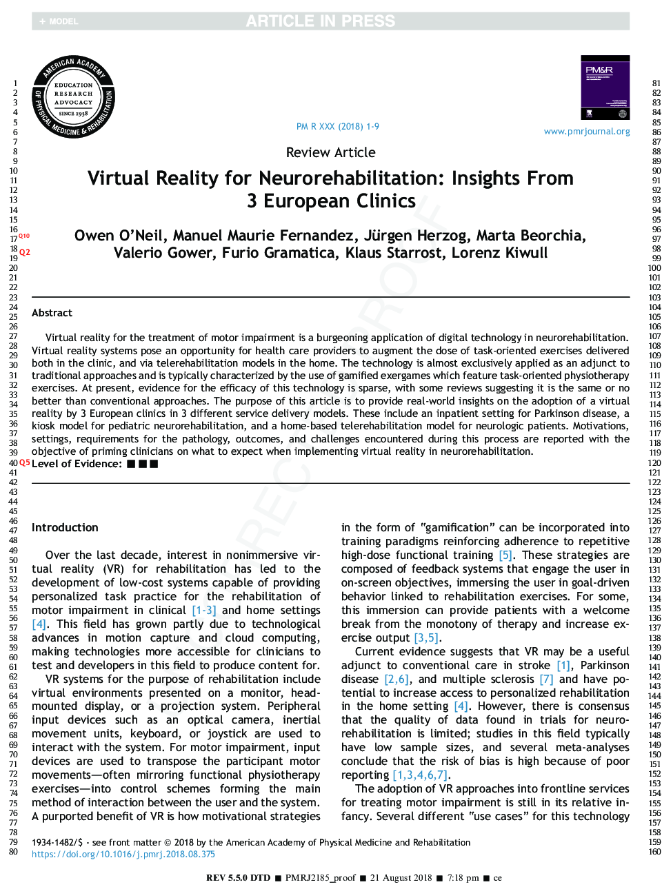 Virtual Reality for Neurorehabilitation: Insights From 3Â EuropeanÂ Clinics