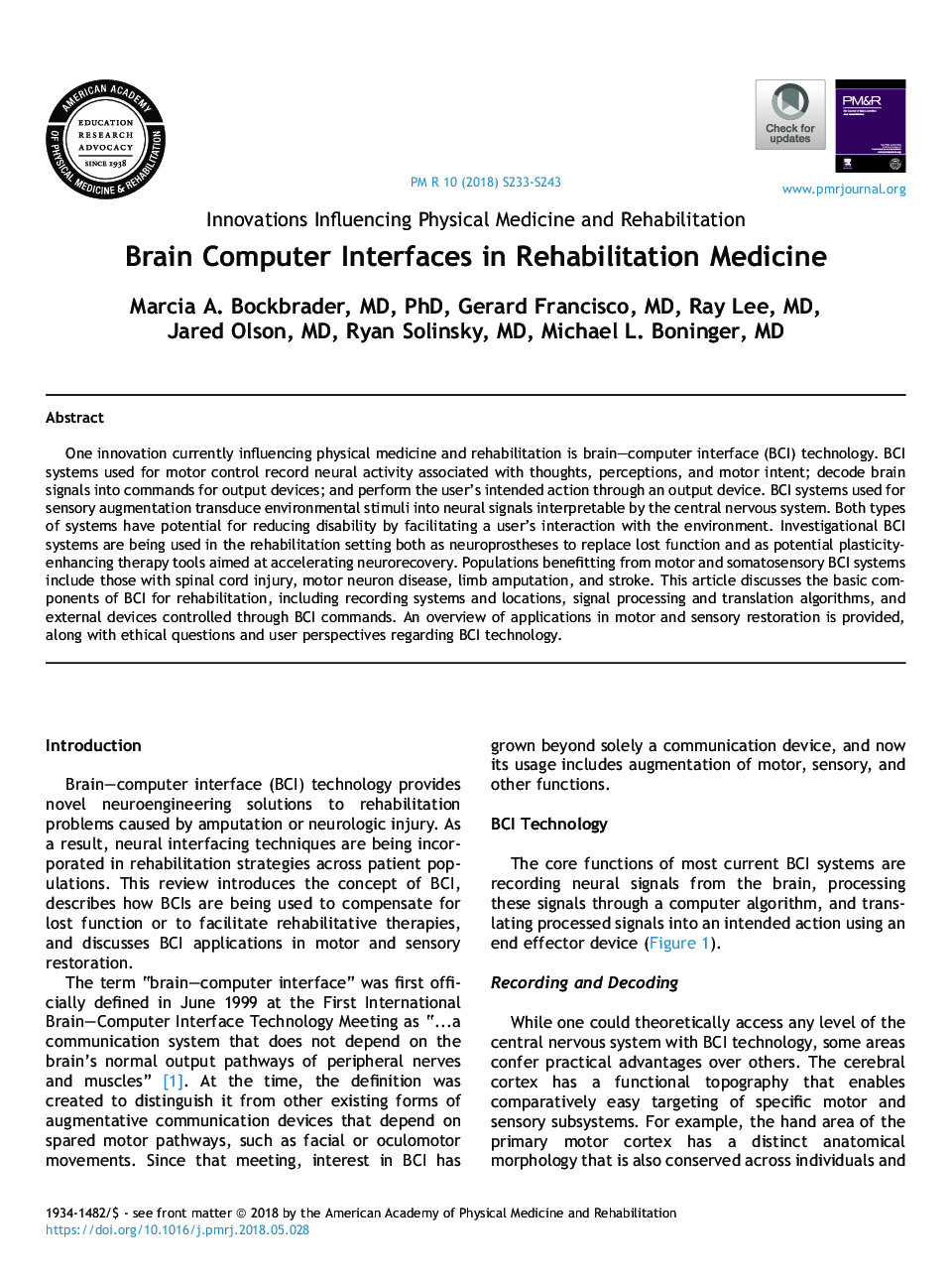 Brain Computer Interfaces in Rehabilitation Medicine