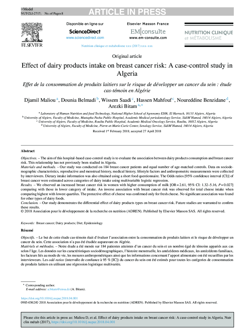 Effect of dairy products intake on breast cancer risk: A case-control study in Algeria