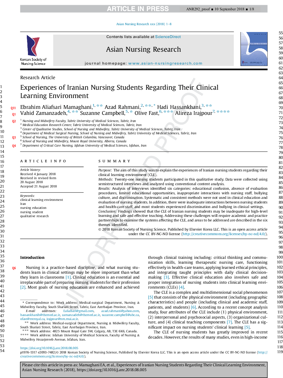 Experiences of Iranian Nursing Students Regarding Their Clinical Learning Environment