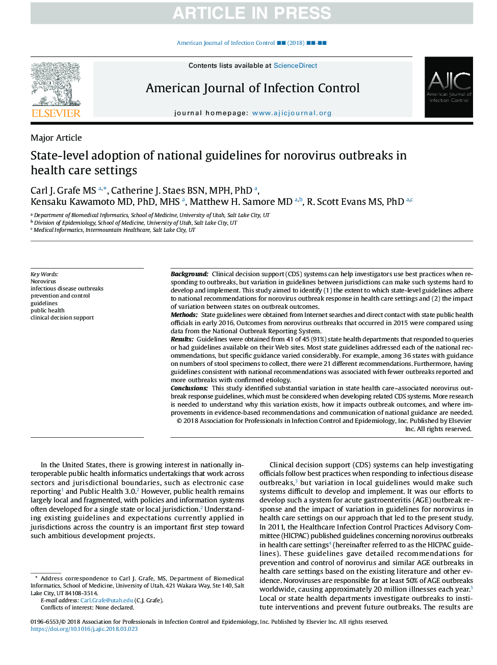 State-level adoption of national guidelines for norovirus outbreaks in health care settings
