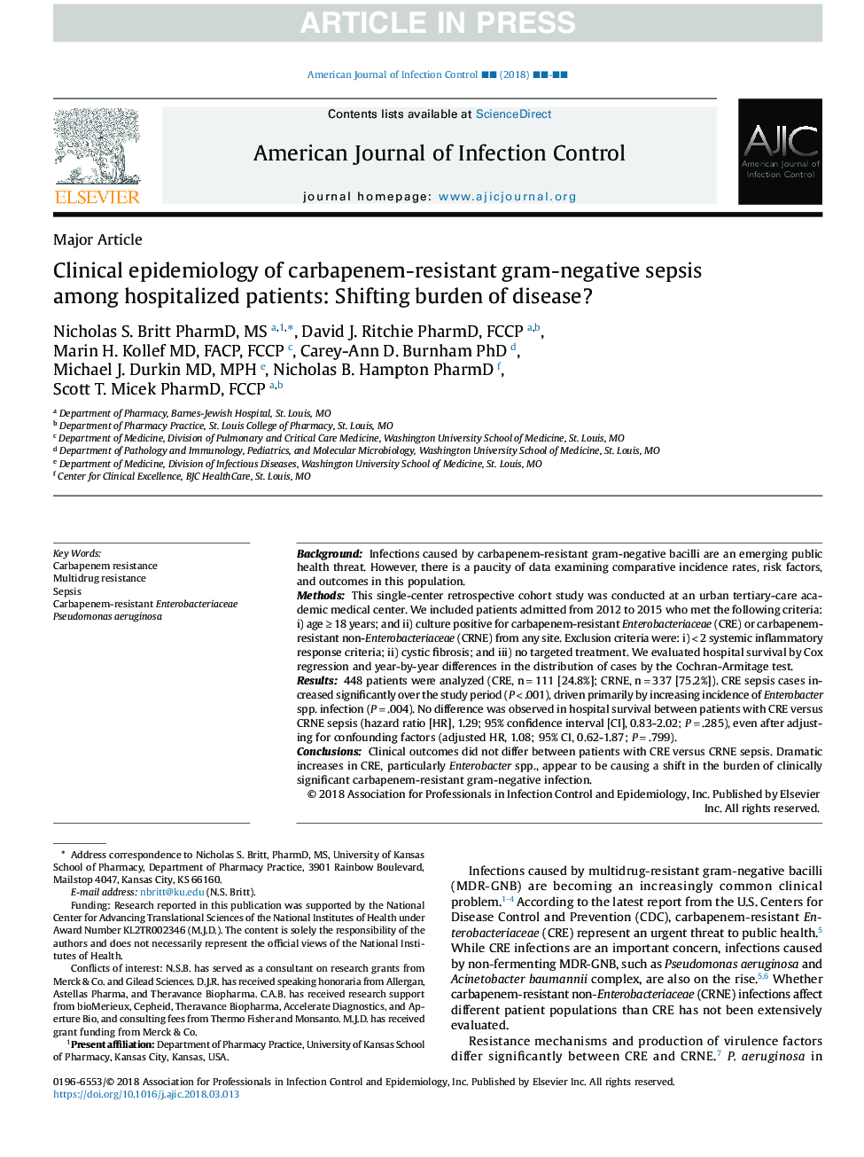 Clinical epidemiology of carbapenem-resistant gram-negative sepsis among hospitalized patients: Shifting burden of disease?