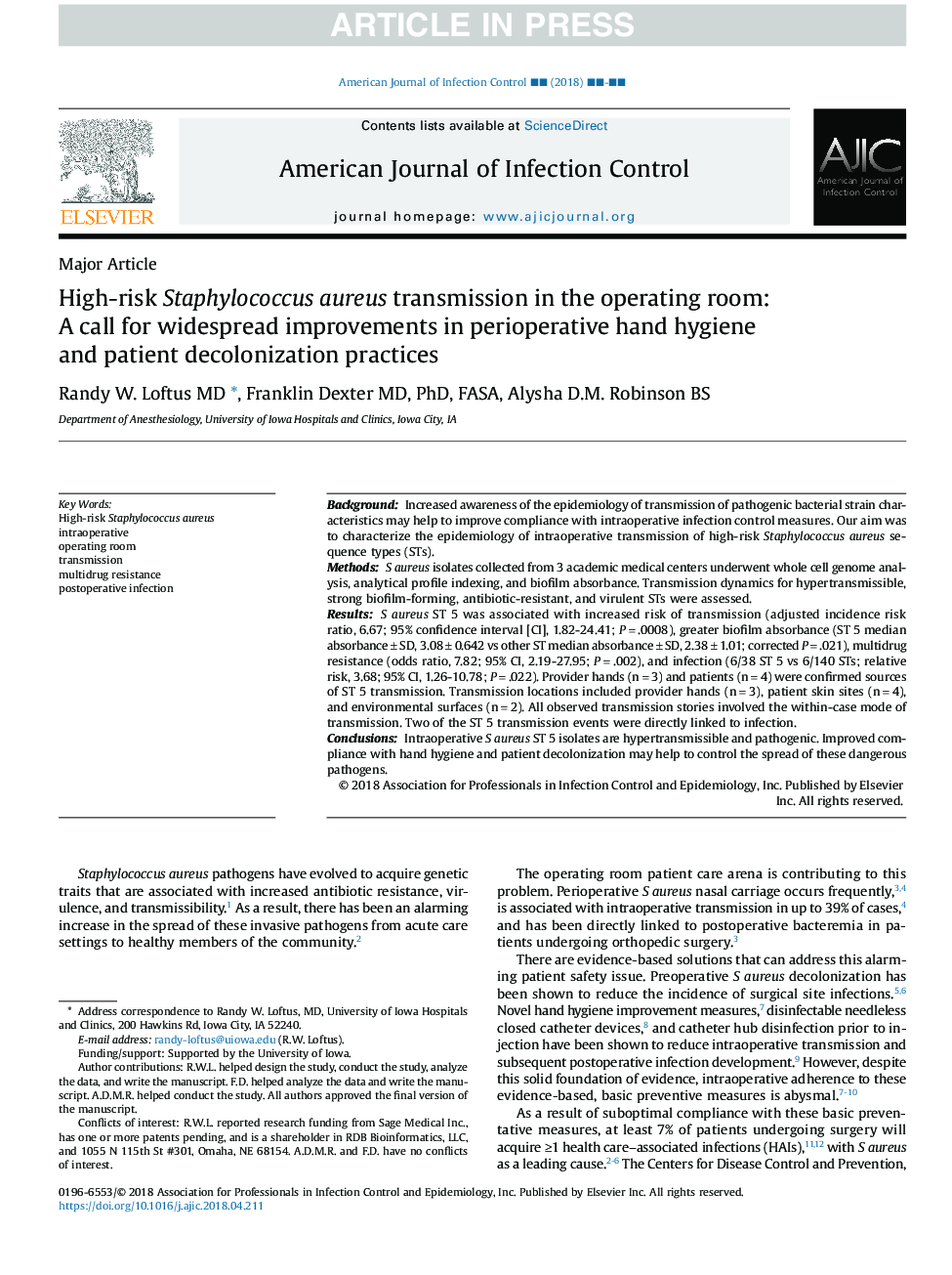 High-risk Staphylococcus aureus transmission in the operating room: A call for widespread improvements in perioperative hand hygiene and patient decolonization practices