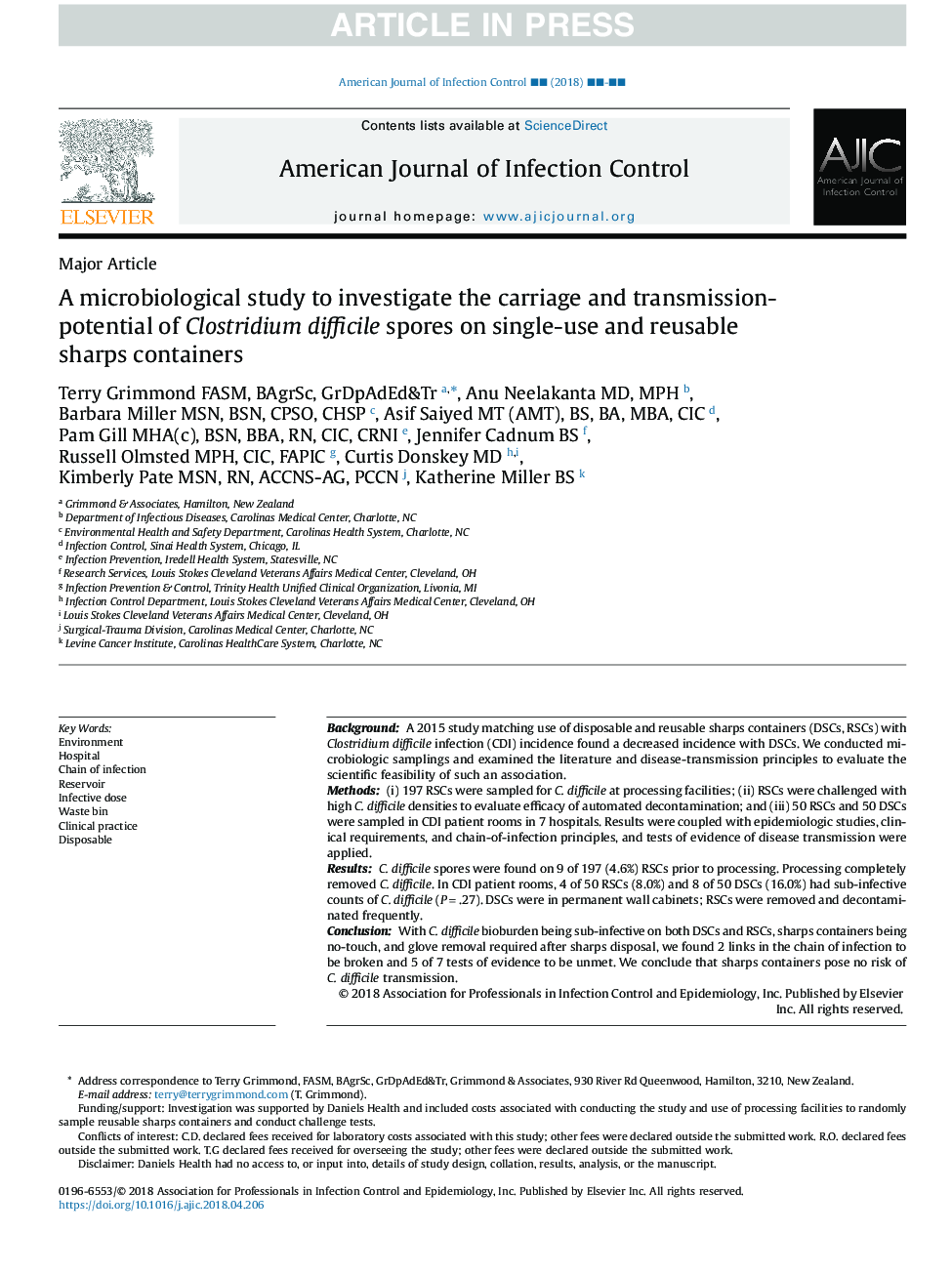 A microbiological study to investigate the carriage and transmission-potential of Clostridium difficile spores on single-use and reusable sharps containers