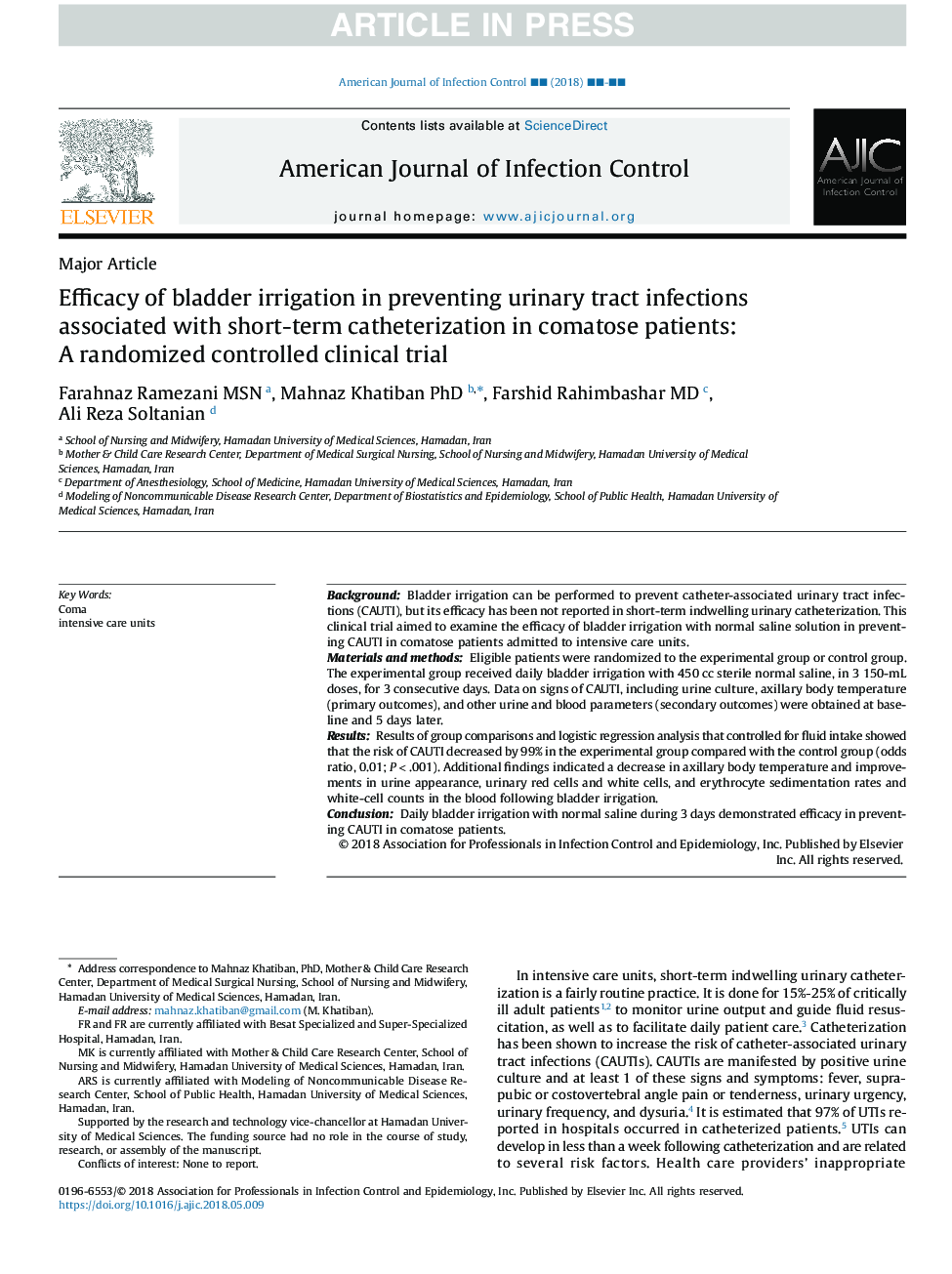 Efficacy of bladder irrigation in preventing urinary tract infections associated with short-term catheterization in comatose patients: A randomized controlled clinical trial