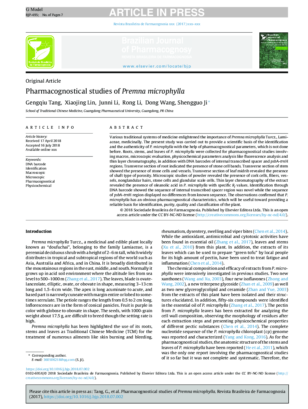 Pharmacognostical studies of Premna microphylla
