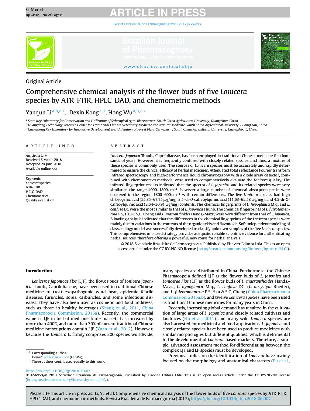 Comprehensive chemical analysis of the flower buds of five Lonicera species by ATR-FTIR, HPLC-DAD, and chemometric methods