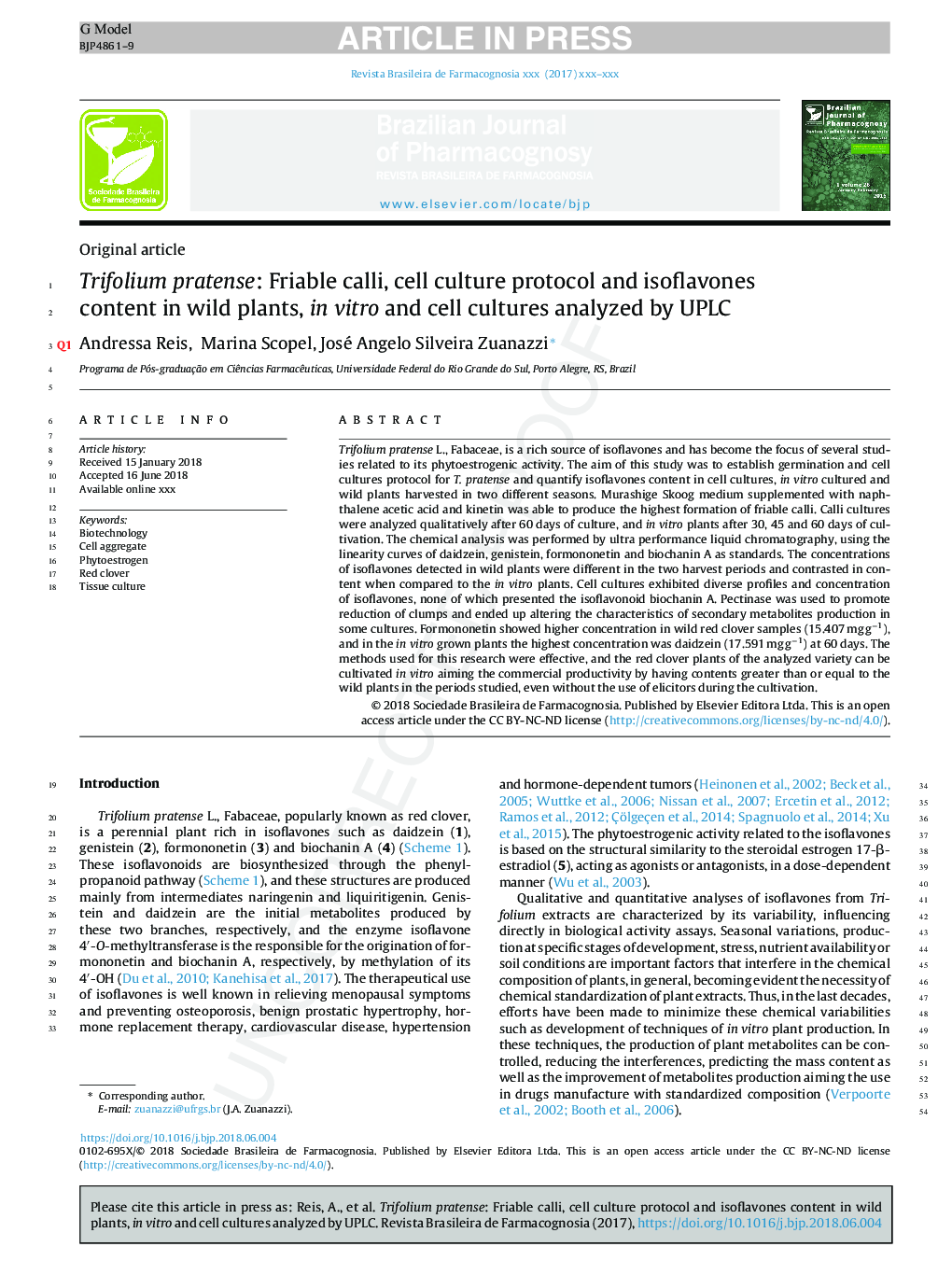 Trifolium pratense: Friable calli, cell culture protocol and isoflavones content in wild plants, in vitro and cell cultures analyzed by UPLC
