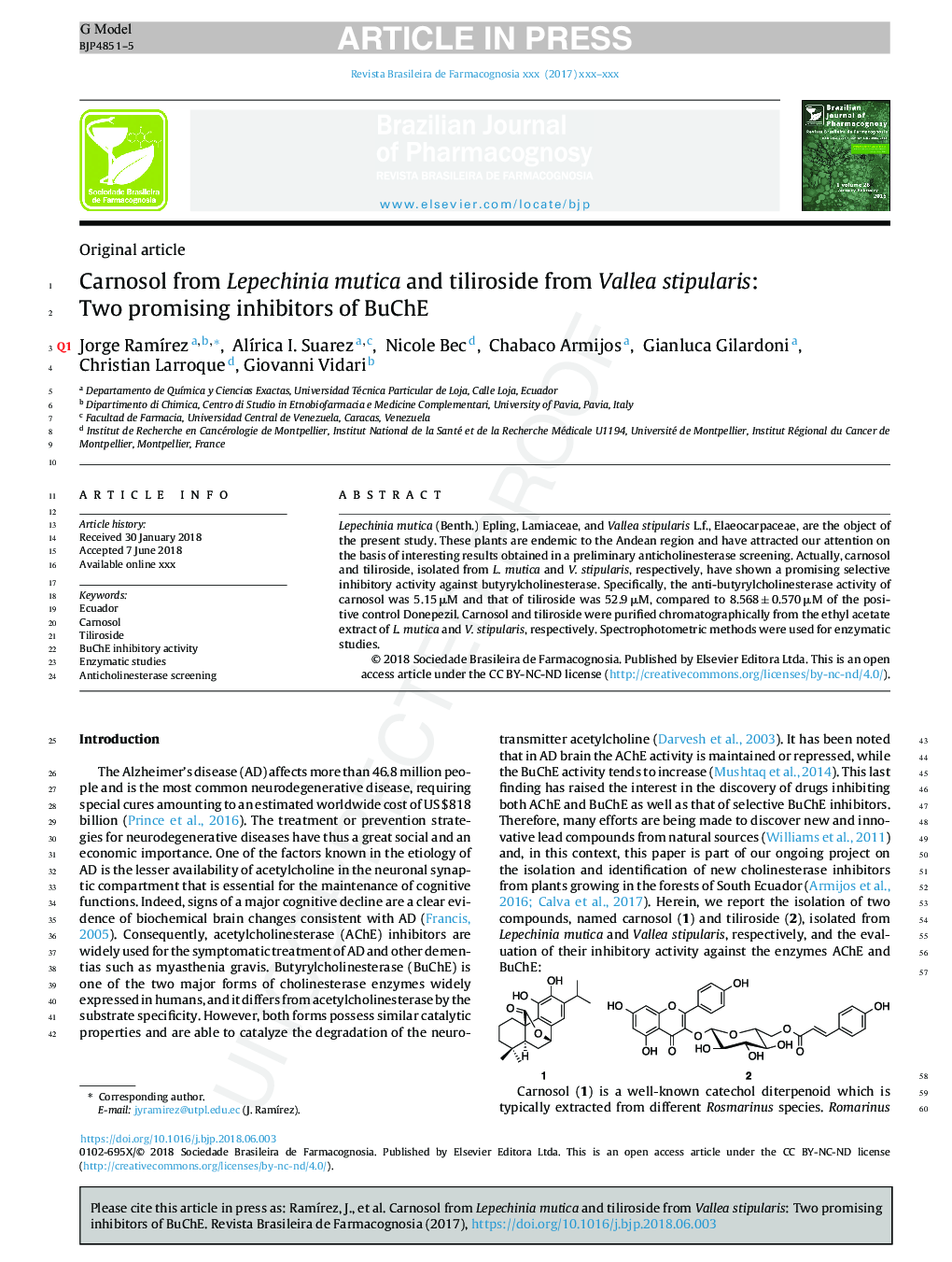 Carnosol from Lepechinia mutica and tiliroside from Vallea stipularis: Two promising inhibitors of BuChE