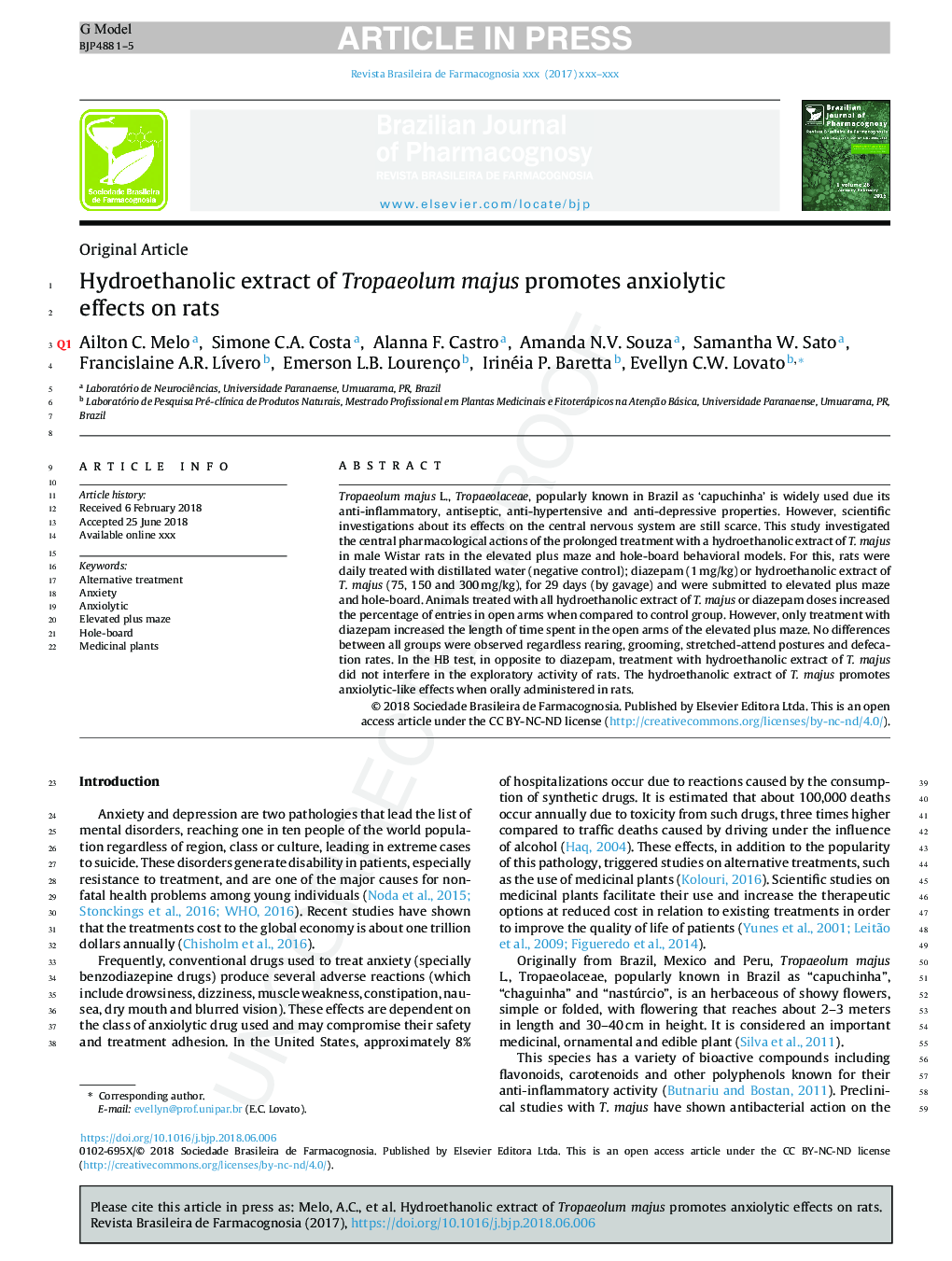 Hydroethanolic extract of Tropaeolum majus promotes anxiolytic effects on rats