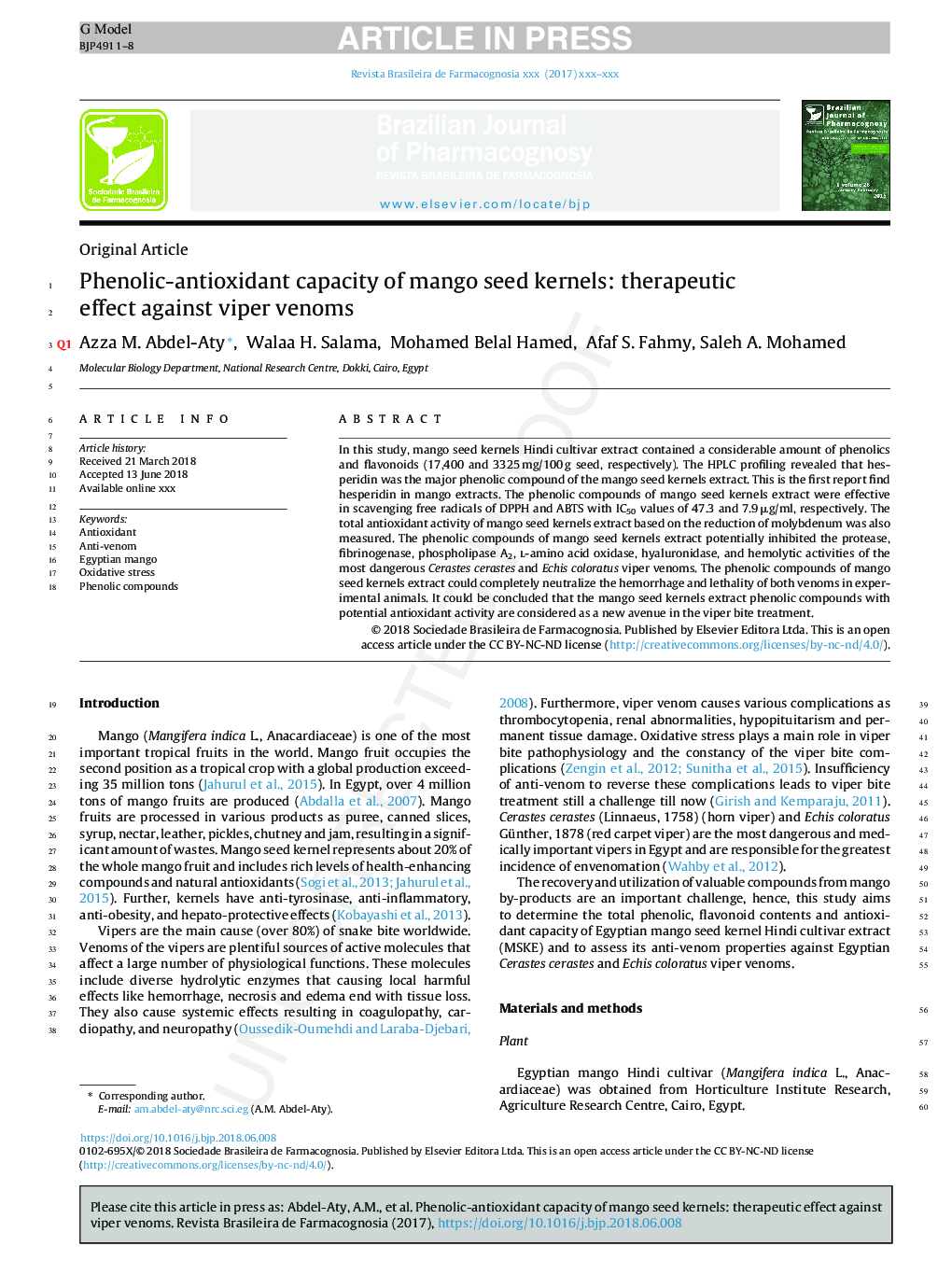 Phenolic-antioxidant capacity of mango seed kernels: therapeutic effect against viper venoms