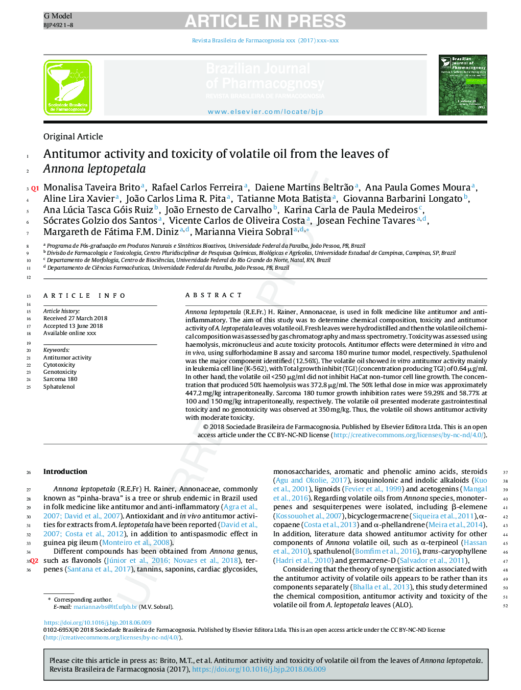 Antitumor activity and toxicity of volatile oil from the leaves of Annona leptopetala