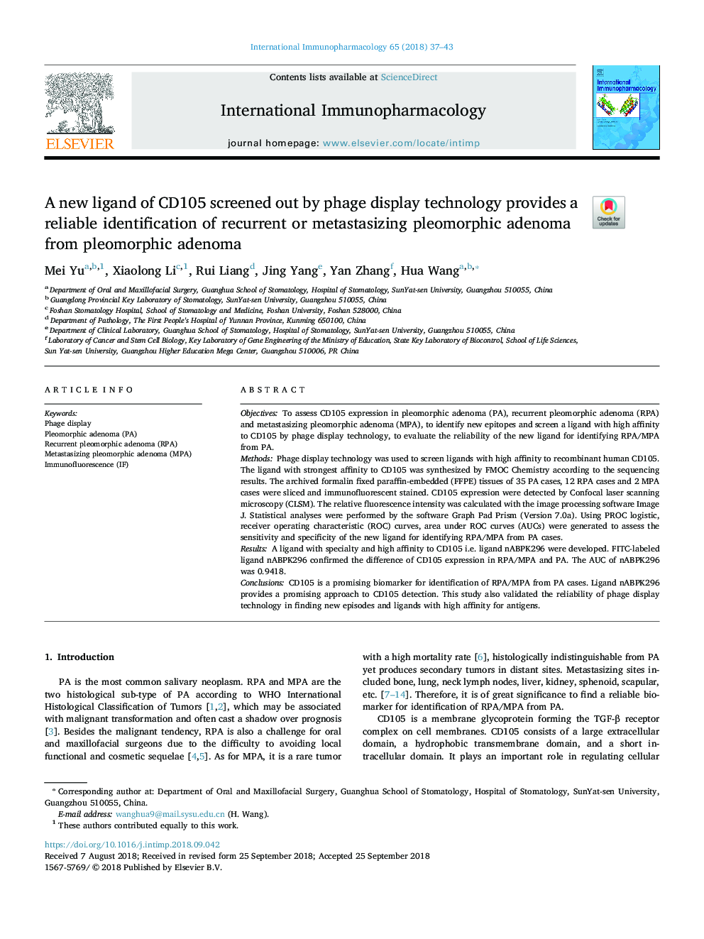 A new ligand of CD105 screened out by phage display technology provides a reliable identification of recurrent or metastasizing pleomorphic adenoma from pleomorphic adenoma