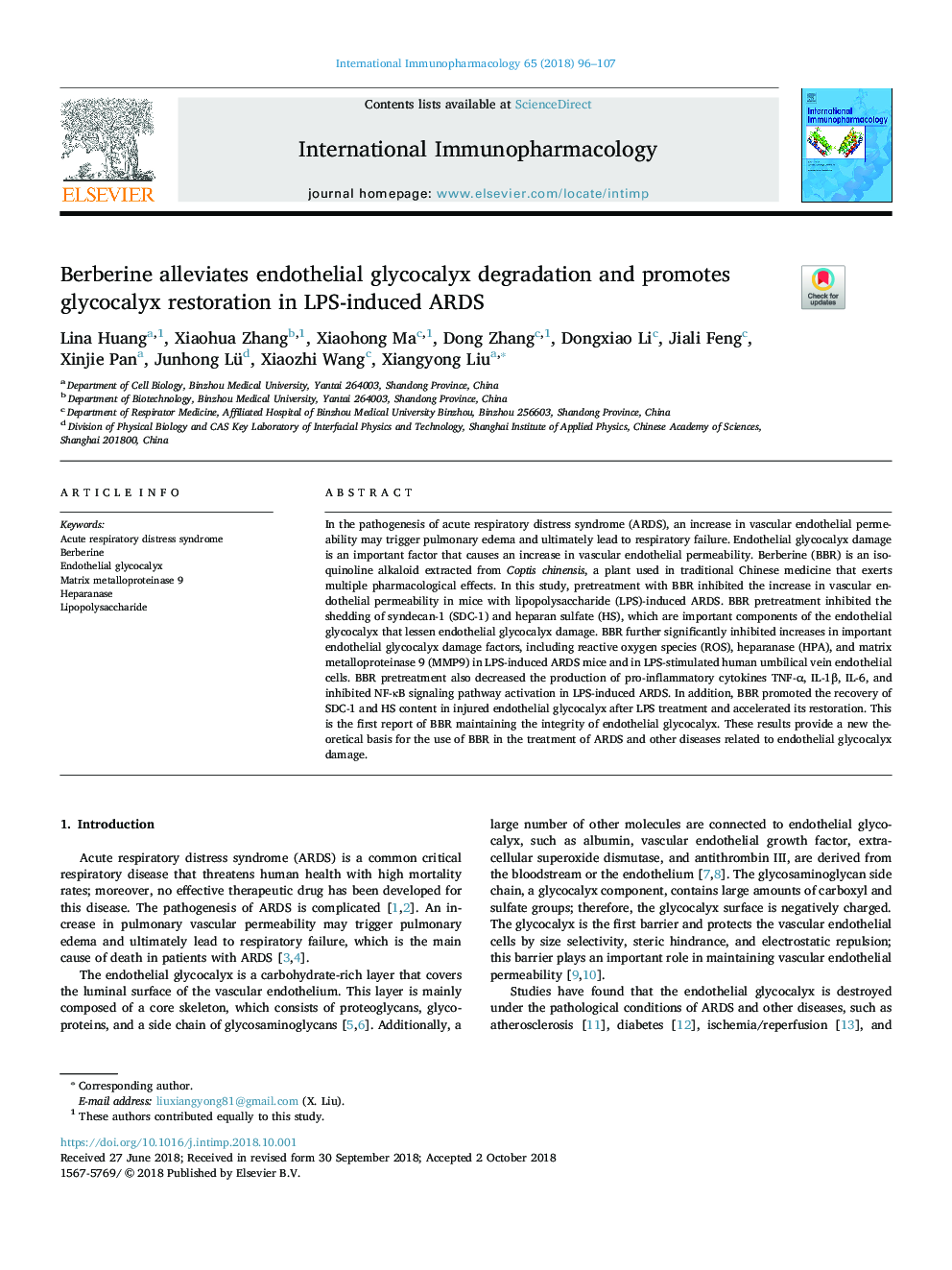 Berberine alleviates endothelial glycocalyx degradation and promotes glycocalyx restoration in LPS-induced ARDS