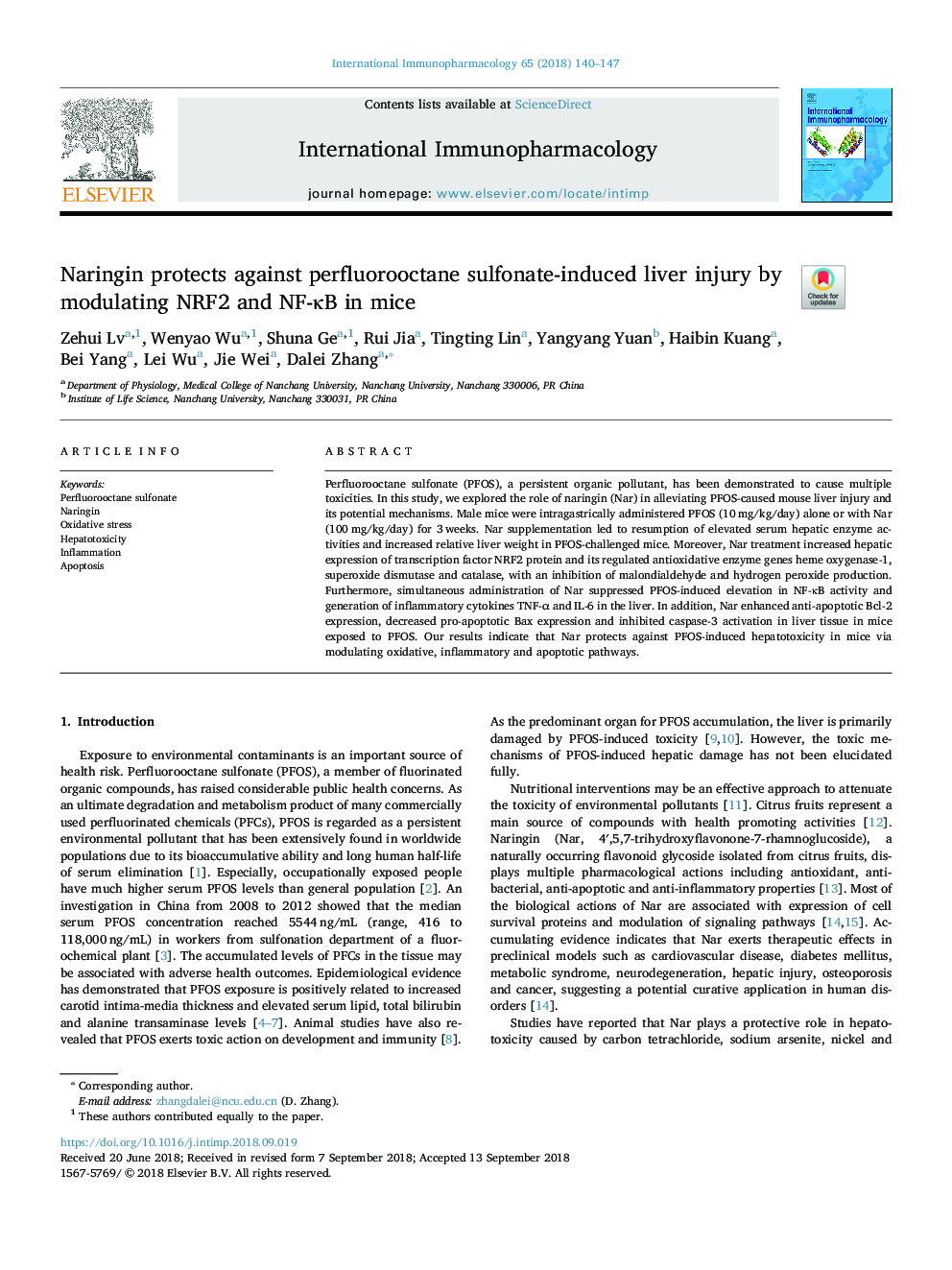 Naringin protects against perfluorooctane sulfonate-induced liver injury by modulating NRF2 and NF-ÎºB in mice