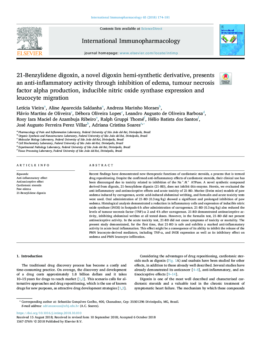 21âBenzylidene digoxin, a novel digoxin hemi-synthetic derivative, presents an anti-inflammatory activity through inhibition of edema, tumour necrosis factor alpha production, inducible nitric oxide synthase expression and leucocyte migration