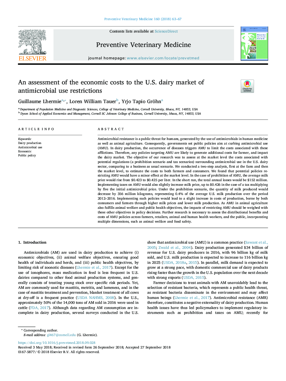 ارزیابی هزینه های اقتصادی در بازار لبنیات ایالات متحده از محدودیت های استفاده از ضد میکروبی